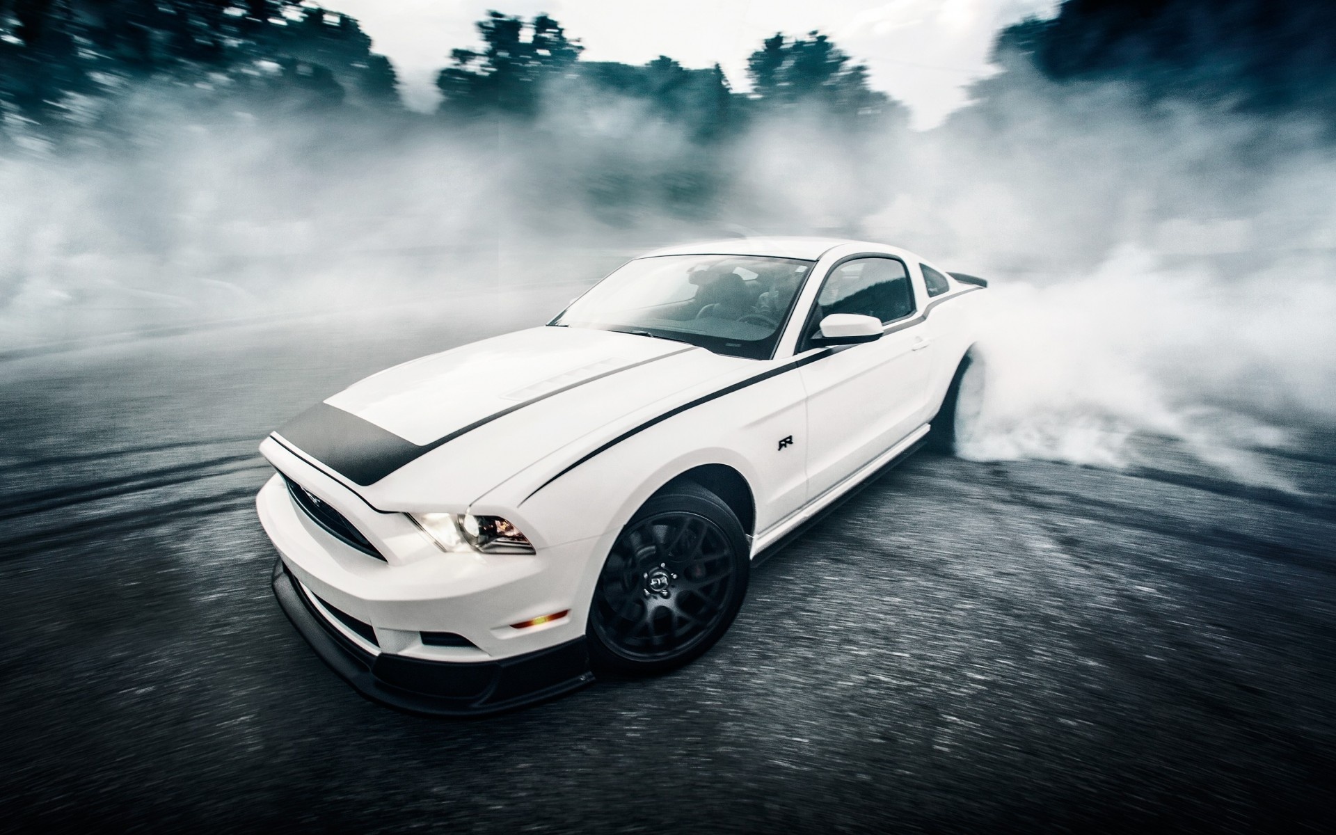 Drifting: White Ford Mustang, Drift in a circle, Smoking tires, Musclecar. 1920x1200 HD Background.