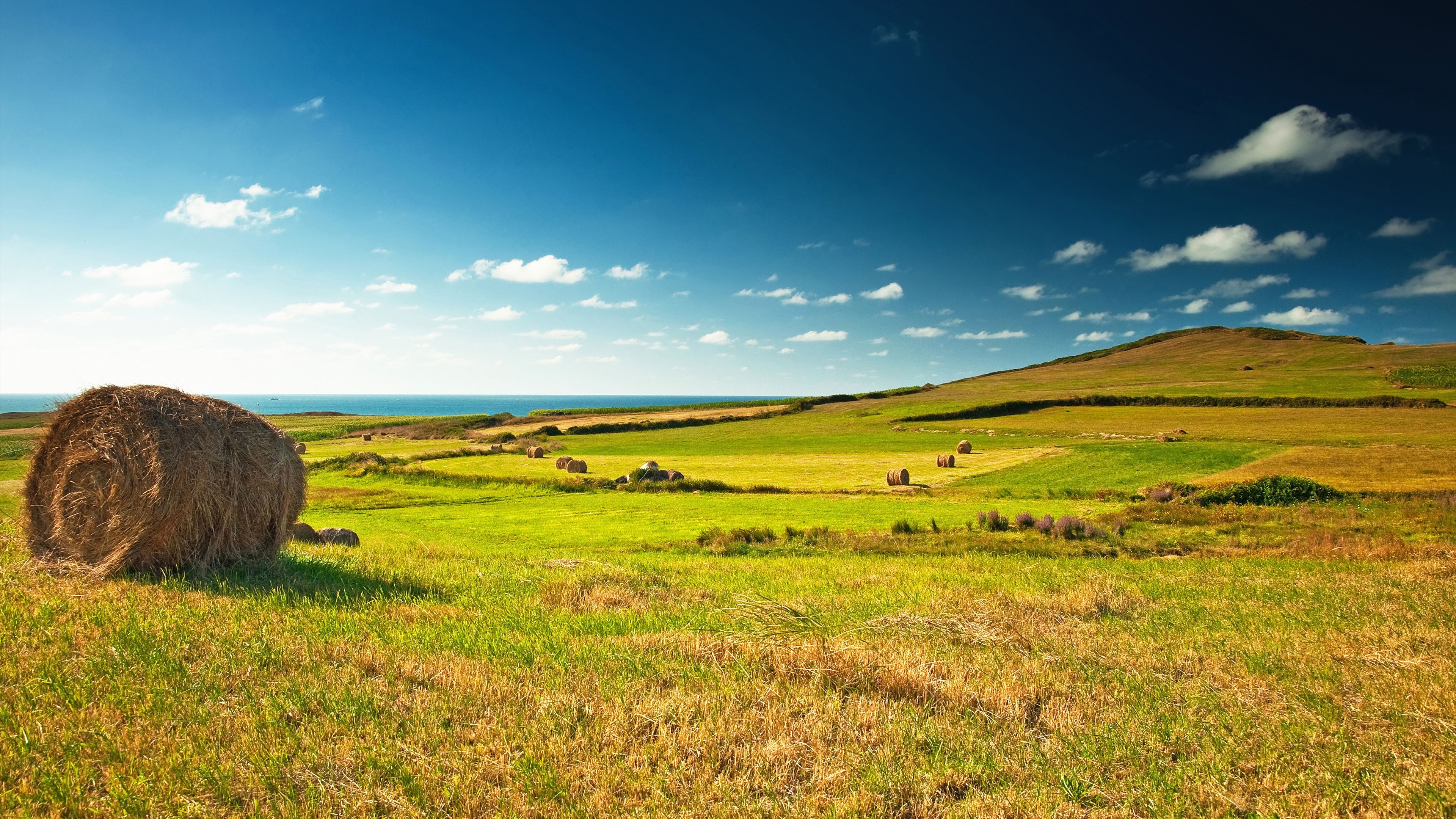 Grassland: Meadows, Hay, Sky, Clouds, Nature, Agricultural land, Natural landscape. 3840x2160 4K Background.