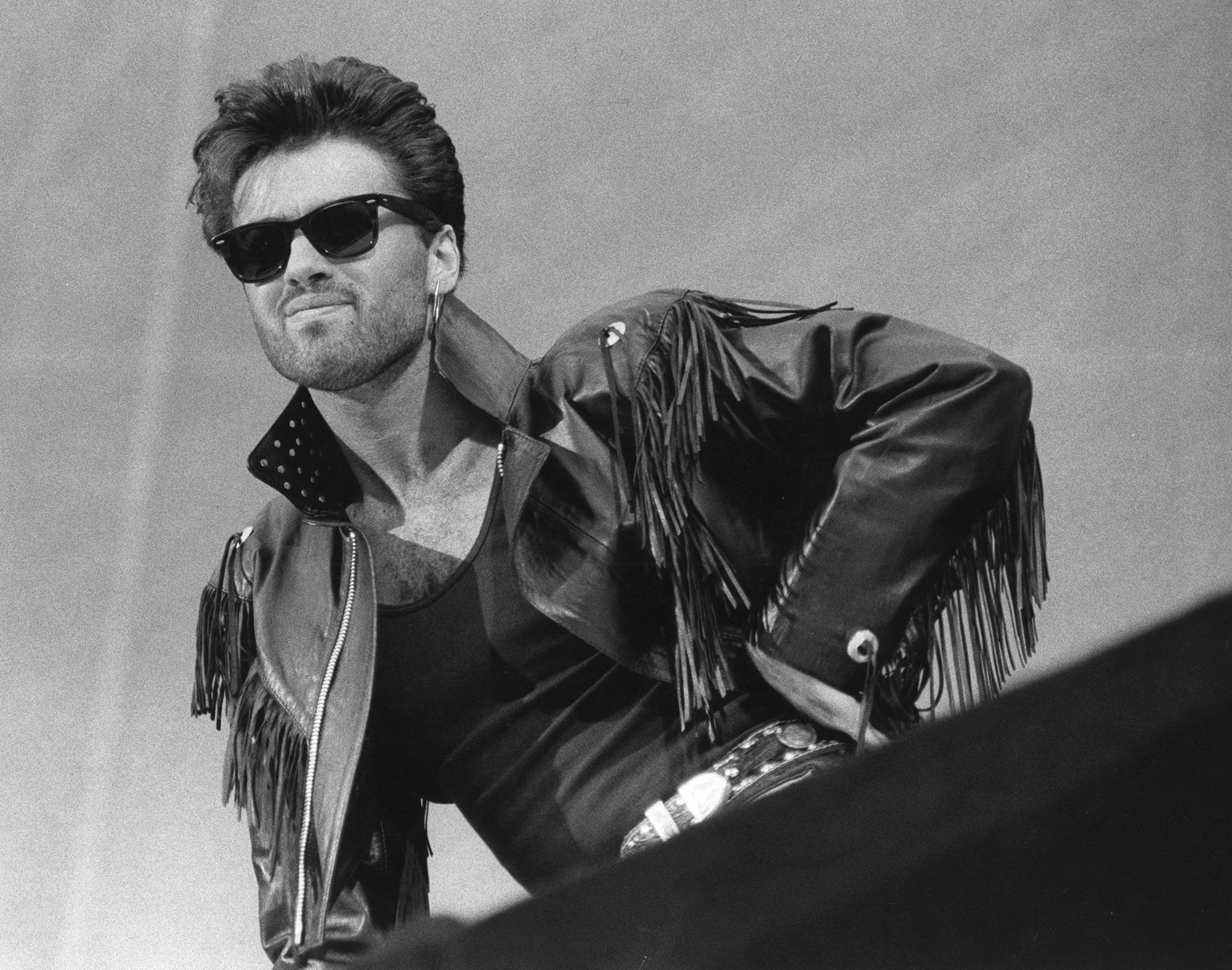 George Michael: Performed with Queen at The Freddie Mercury Tribute Concert on 20 April 1992 at Wembley Stadium, Black and white. 2000x1580 HD Wallpaper.
