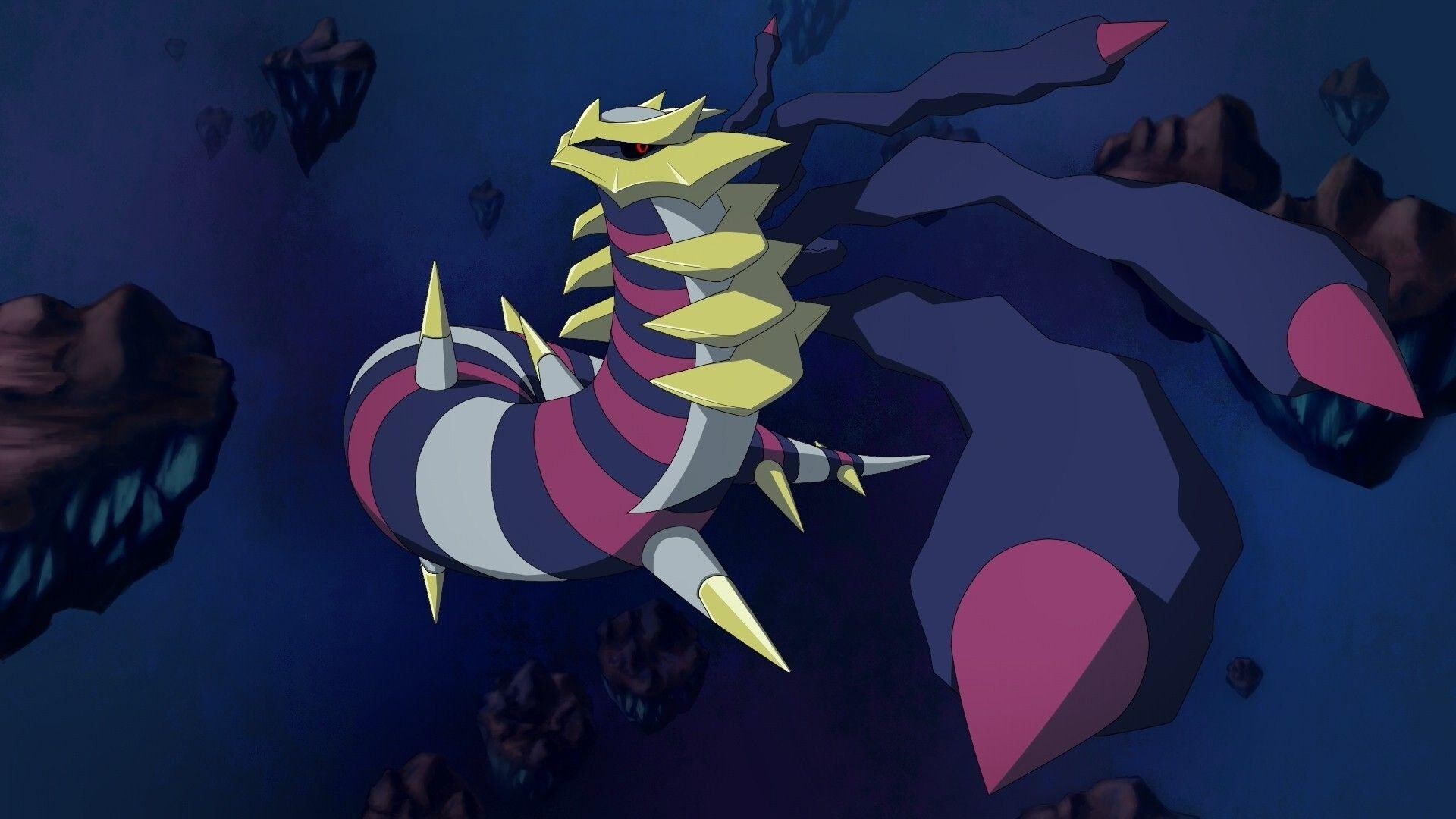 Giratina: The Pokemon having the power to turn itself into a shadow, 6 legs, Gold protrusions that look like external ribs. 1920x1080 Full HD Wallpaper.