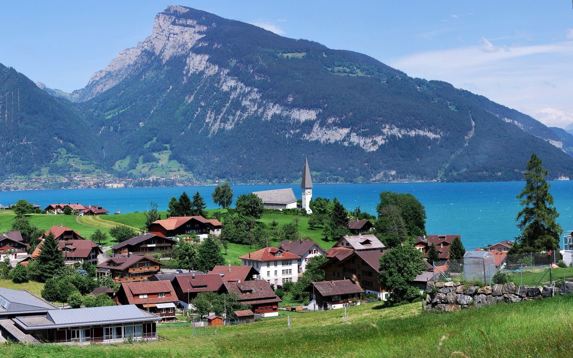 Urban city Lake Thun, Charming Swiss village, Mountain vacations, Stunning beauty, 1920x1200 HD Desktop
