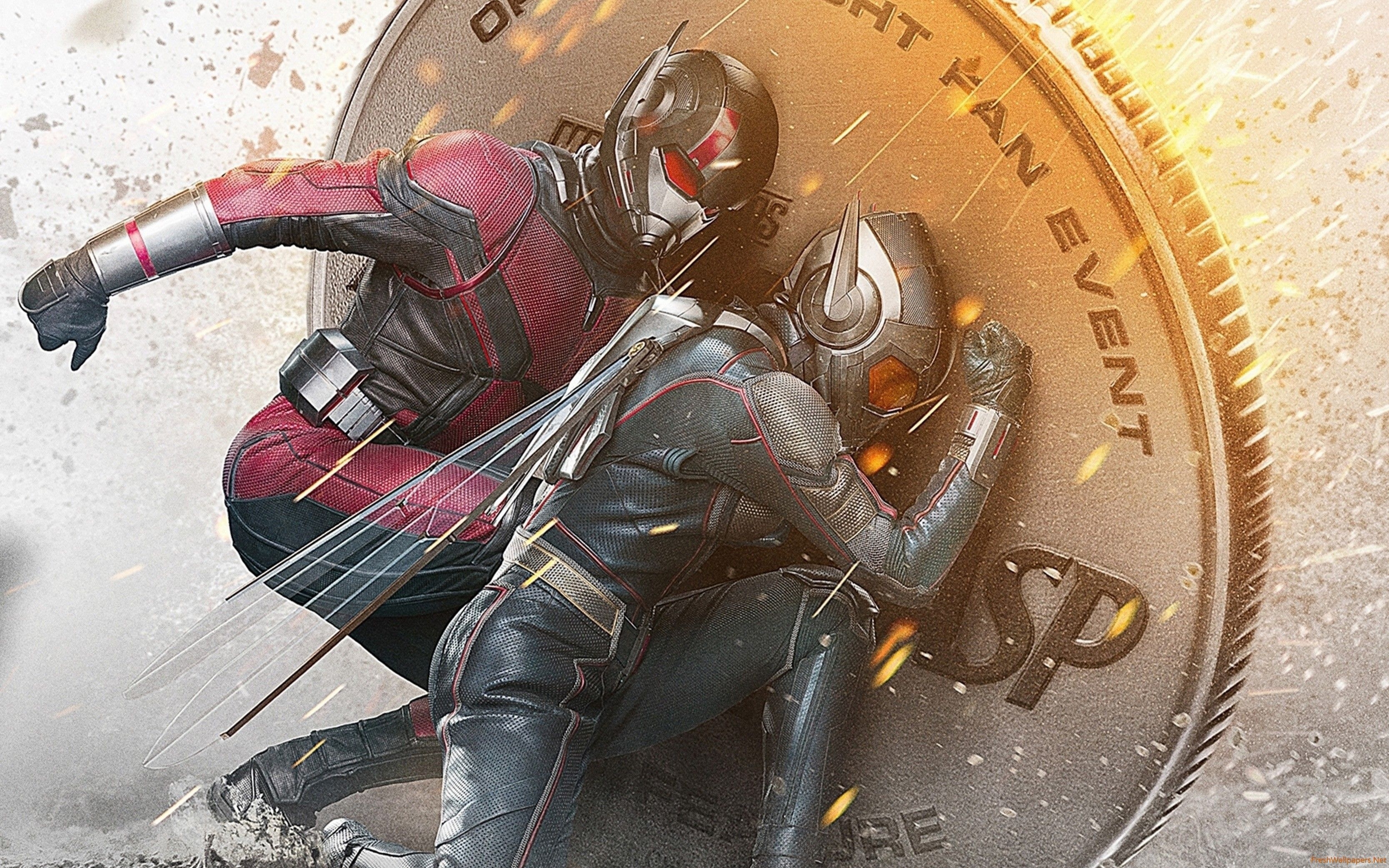 Ant-Man and the Wasp: Quantumania: Scott Lang and Hope Van Dyne battling against the evil time traveler Kang the Conqueror. 3340x2090 HD Background.