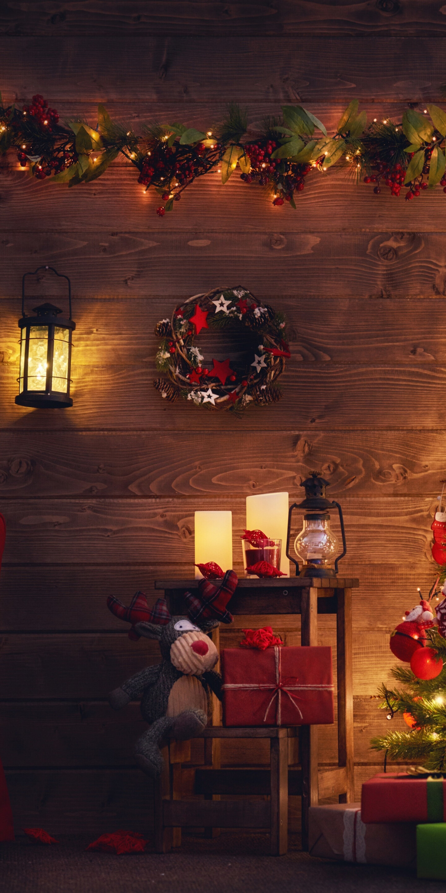 Decorations: Christmas tree, Holiday, Ornamentation, Gifts. 1440x2880 HD Background.