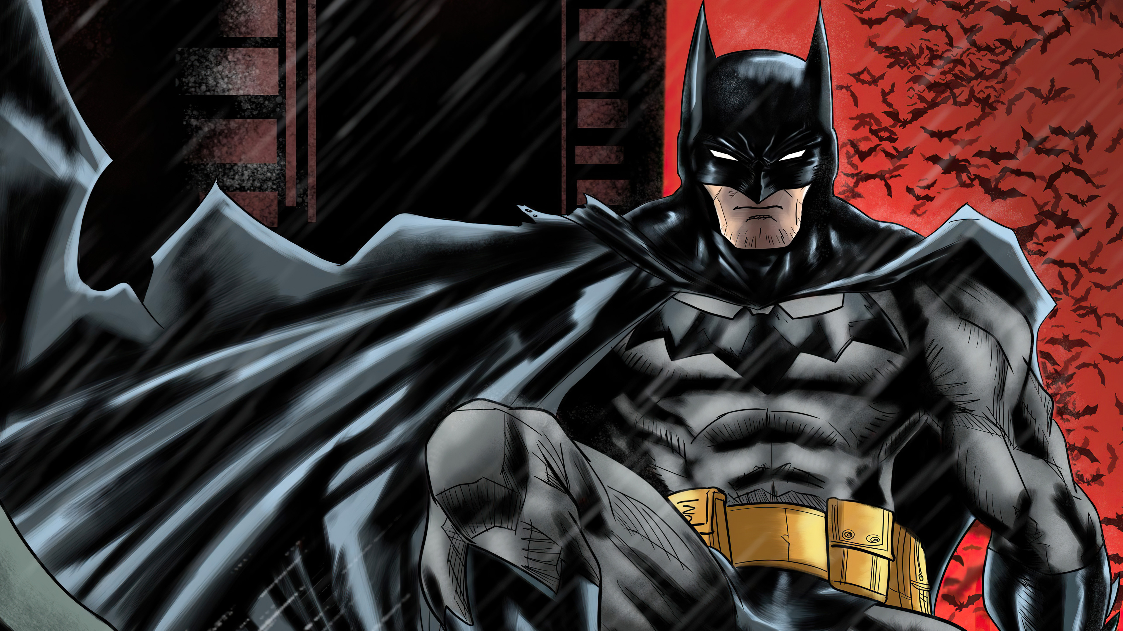Digital sketch of Batman, Bold neon highlights, Heroic figure, Powerful composition, DC Comics, 3840x2160 4K Desktop