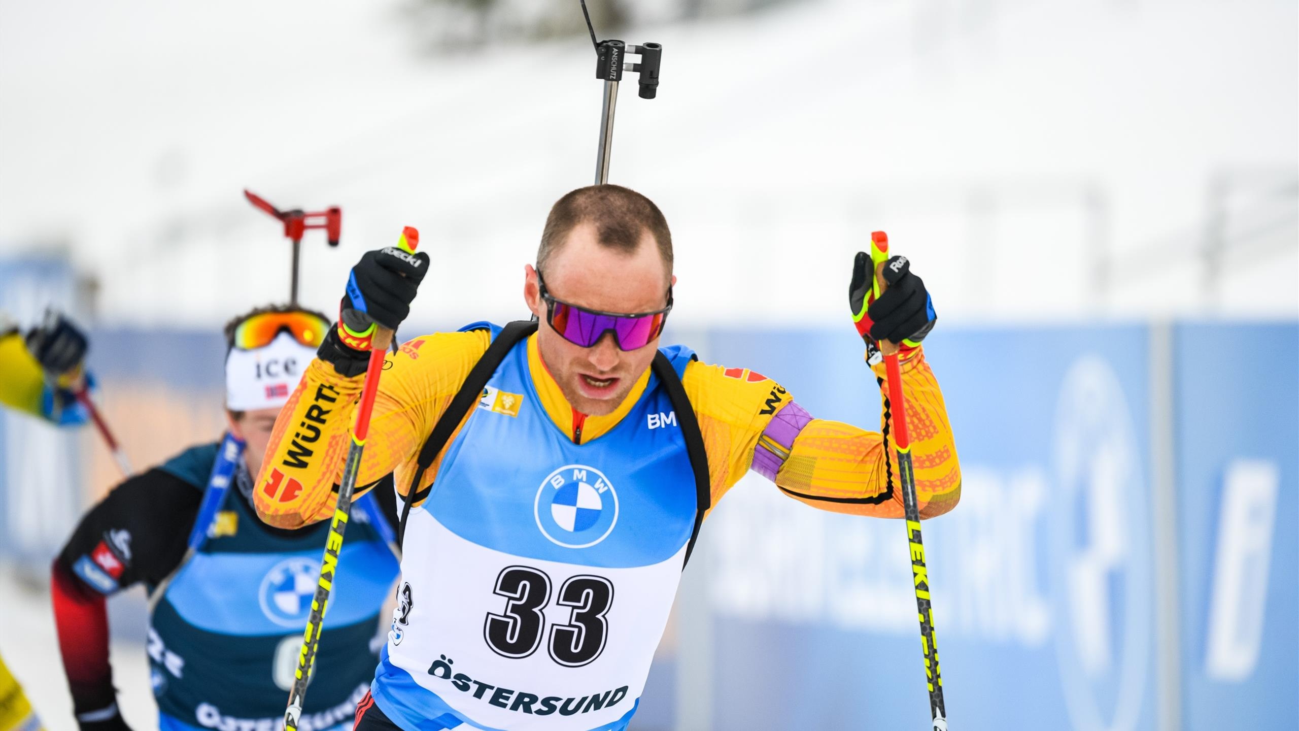 Biathlon: Simon Schempp, World Cup in Hochfilzen, 2017 mass start world champion. 2560x1440 HD Background.
