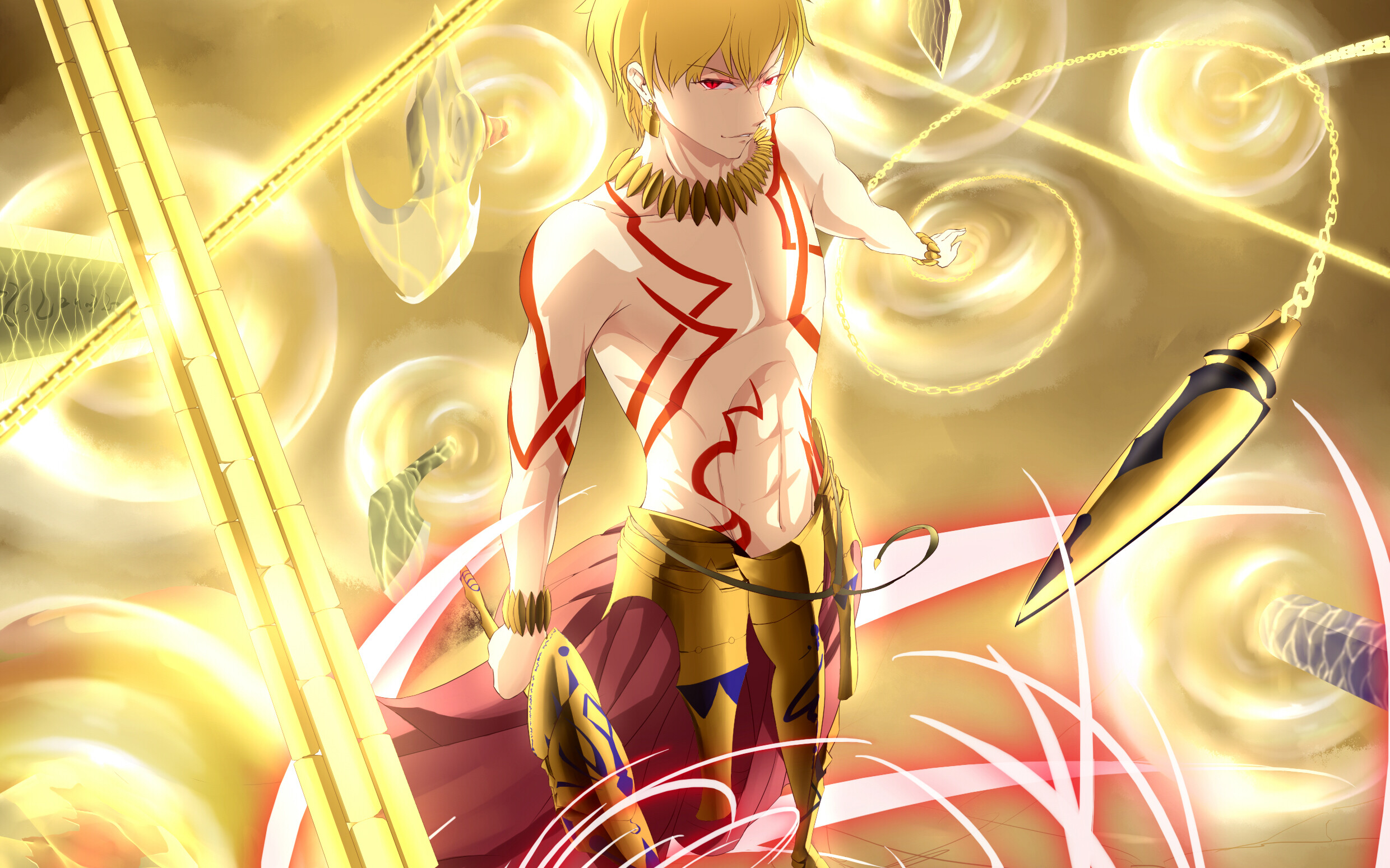 Gilgamesh (Fate/Zero): Wearing golden armor, Fate/hollow ataraxia, Red tattoos, The golden Archer. 2480x1550 HD Background.