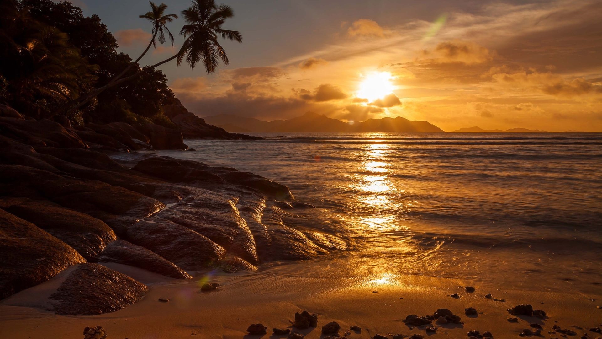 La Digue Island, Seychelles, Paradise beach, Gold sunset, 1920x1080 Full HD Desktop