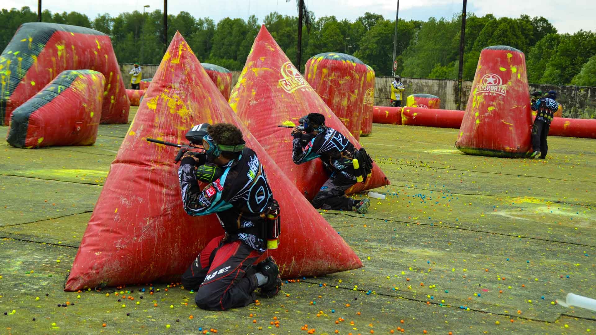 Paintball: Speedball style of a popular shooting game, Two teams compete on equal playing fields. 1920x1080 Full HD Wallpaper.