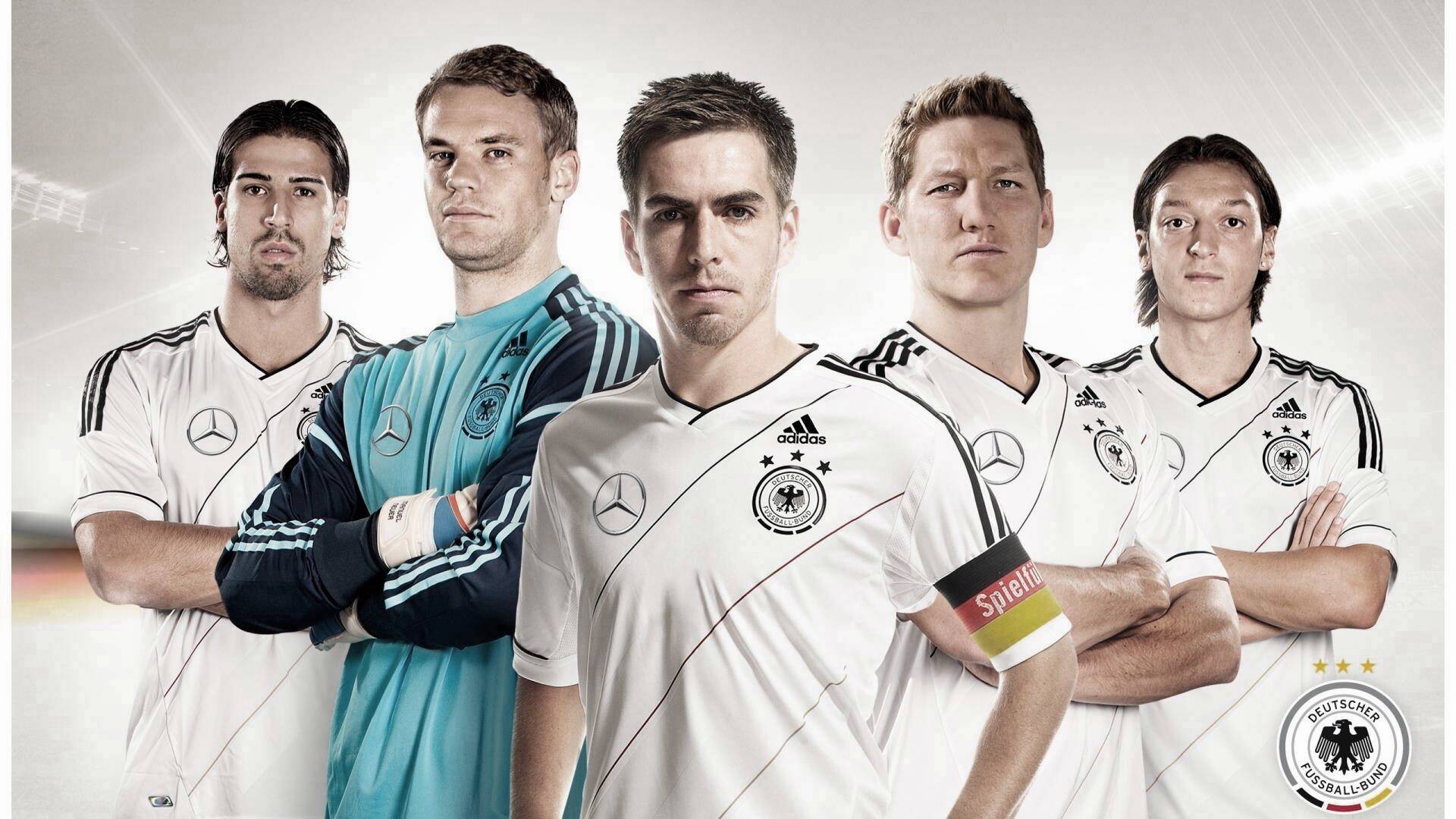 Germany Soccer Team: Sami Khedira, Manuel Neuer, Philipp Lahm - the captain, Bastian Schweinsteiger, Mesut Ozil. 1920x1080 Full HD Wallpaper.