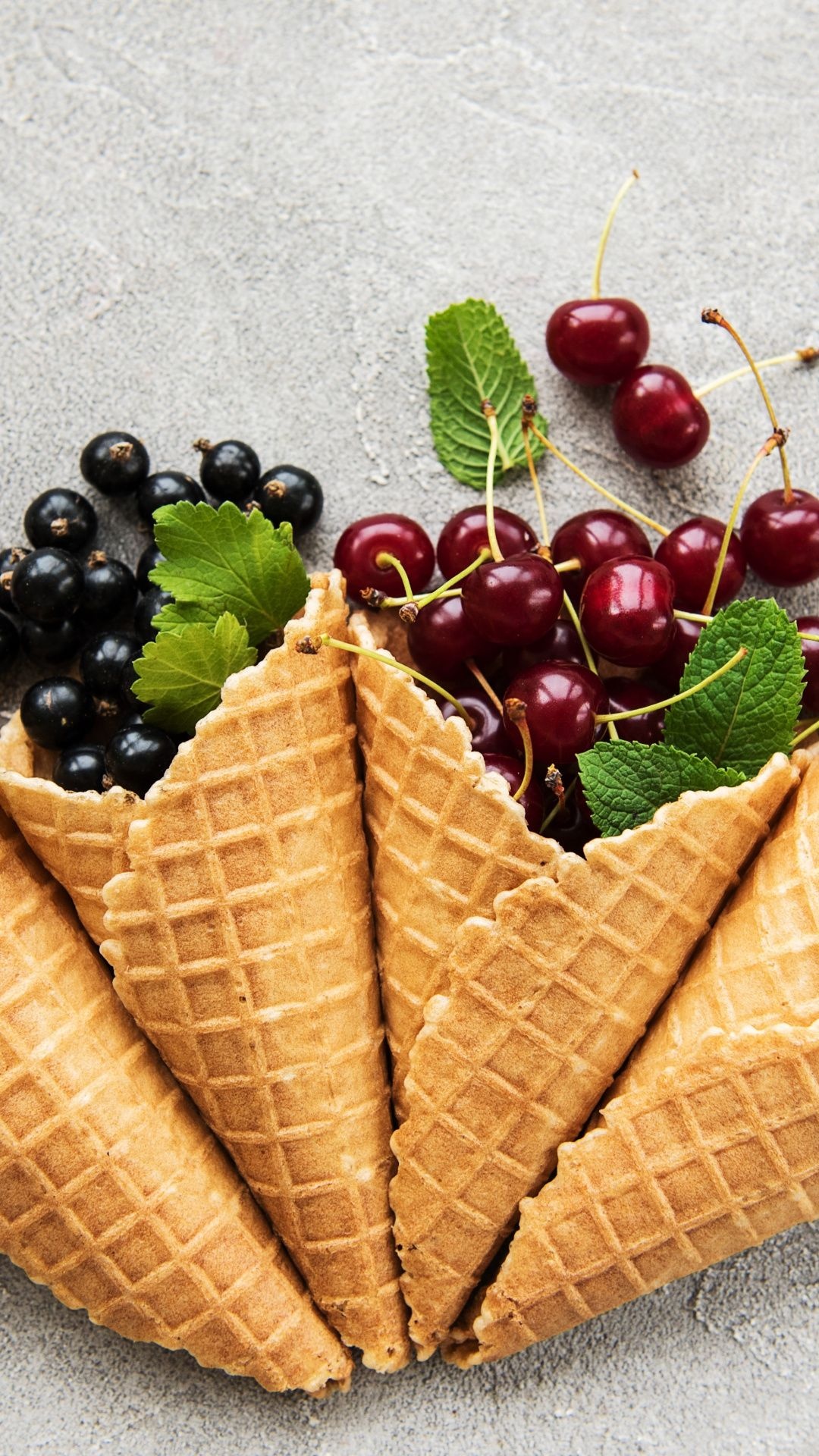 Waffle: Golden-brown ice cream cone, Fruits, Berries. 1080x1920 Full HD Wallpaper.