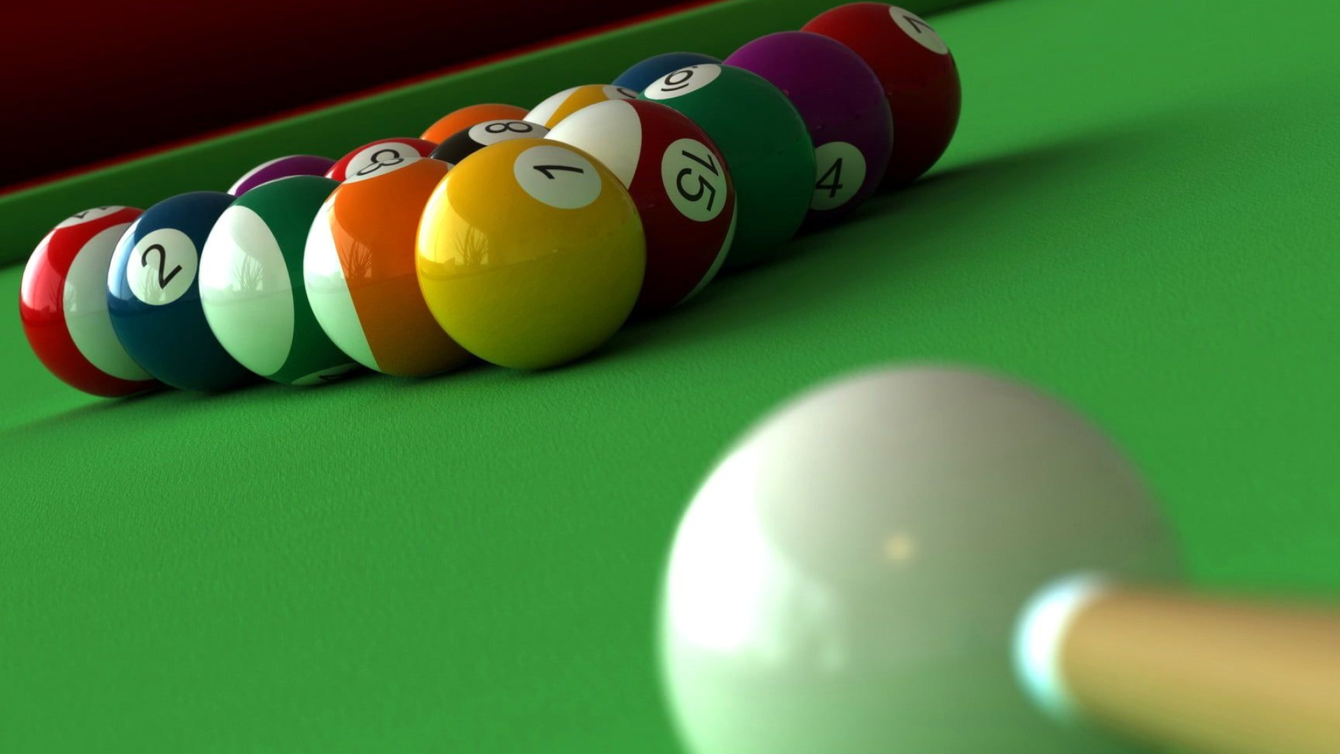 Cue Sports: Preparation for a break shot - the starting point of an eight-ball game. 1920x1080 Full HD Background.