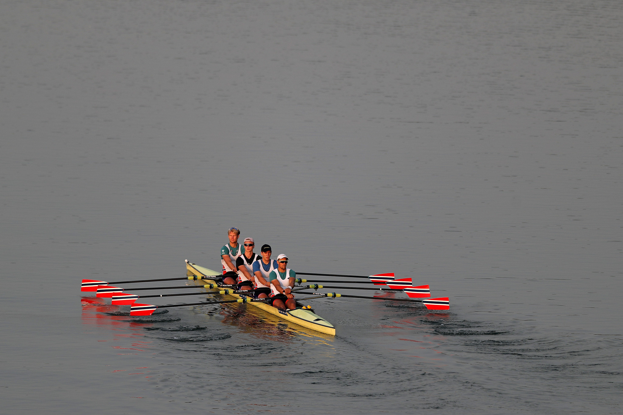 Rowing: The mixed-sex team during a sculling training session, An official Olympic water sport. 2050x1370 HD Background.