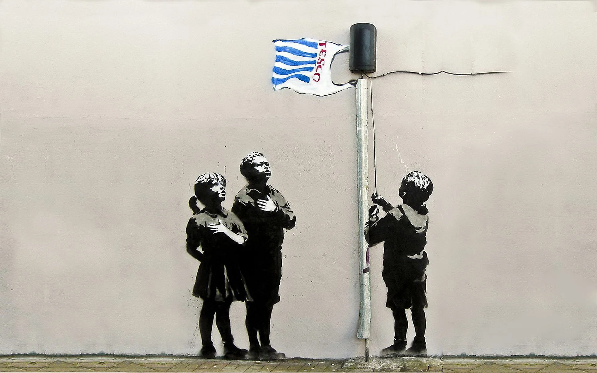 Banksy: Very Little Helps, known as Tesco Flag, shows a group of children surrounding a flagpole. 1920x1200 HD Wallpaper.