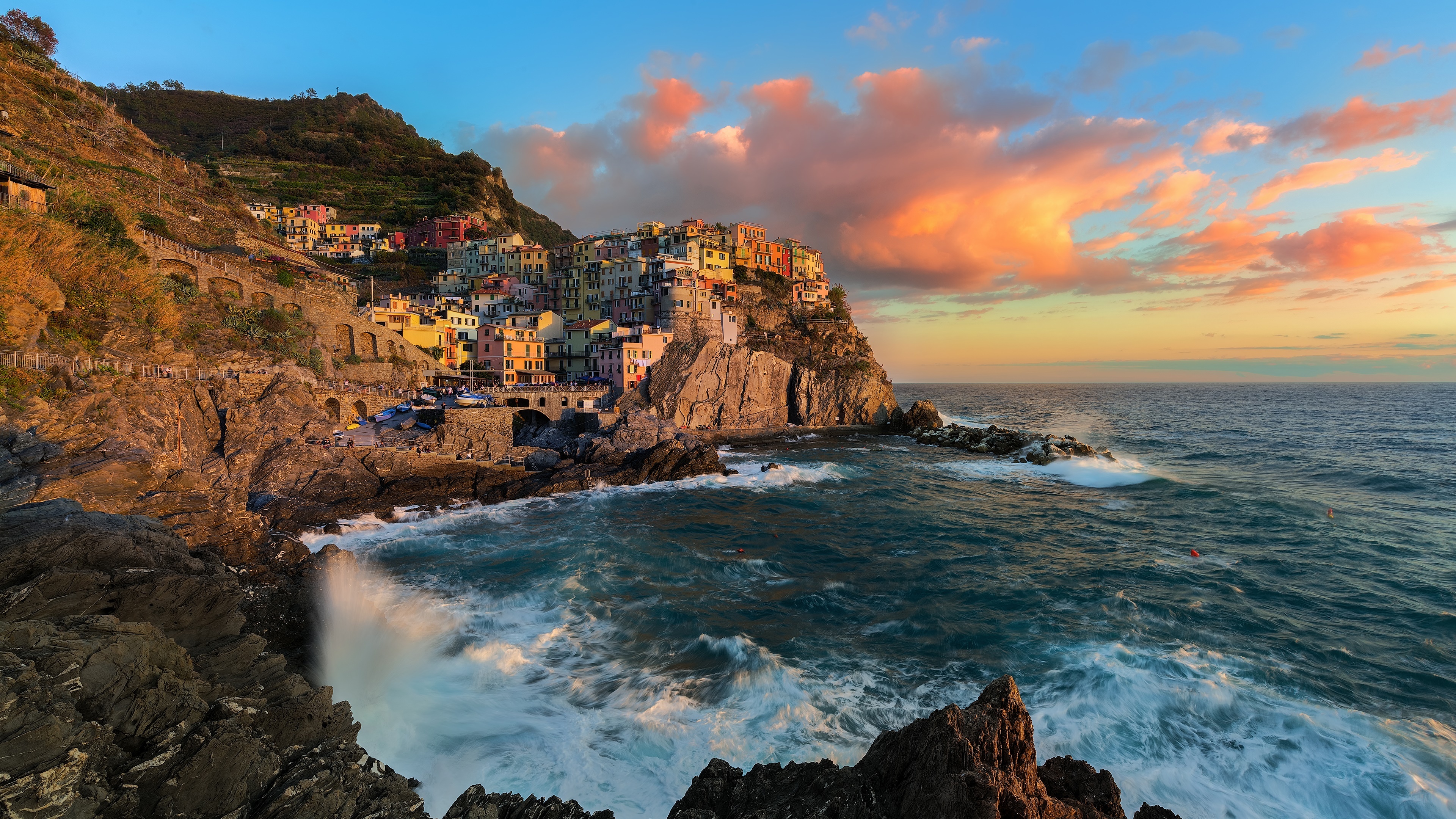 Cinque Terre, Sunset clouds, Manarola, Ultra HD, 3840x2160 4K Desktop