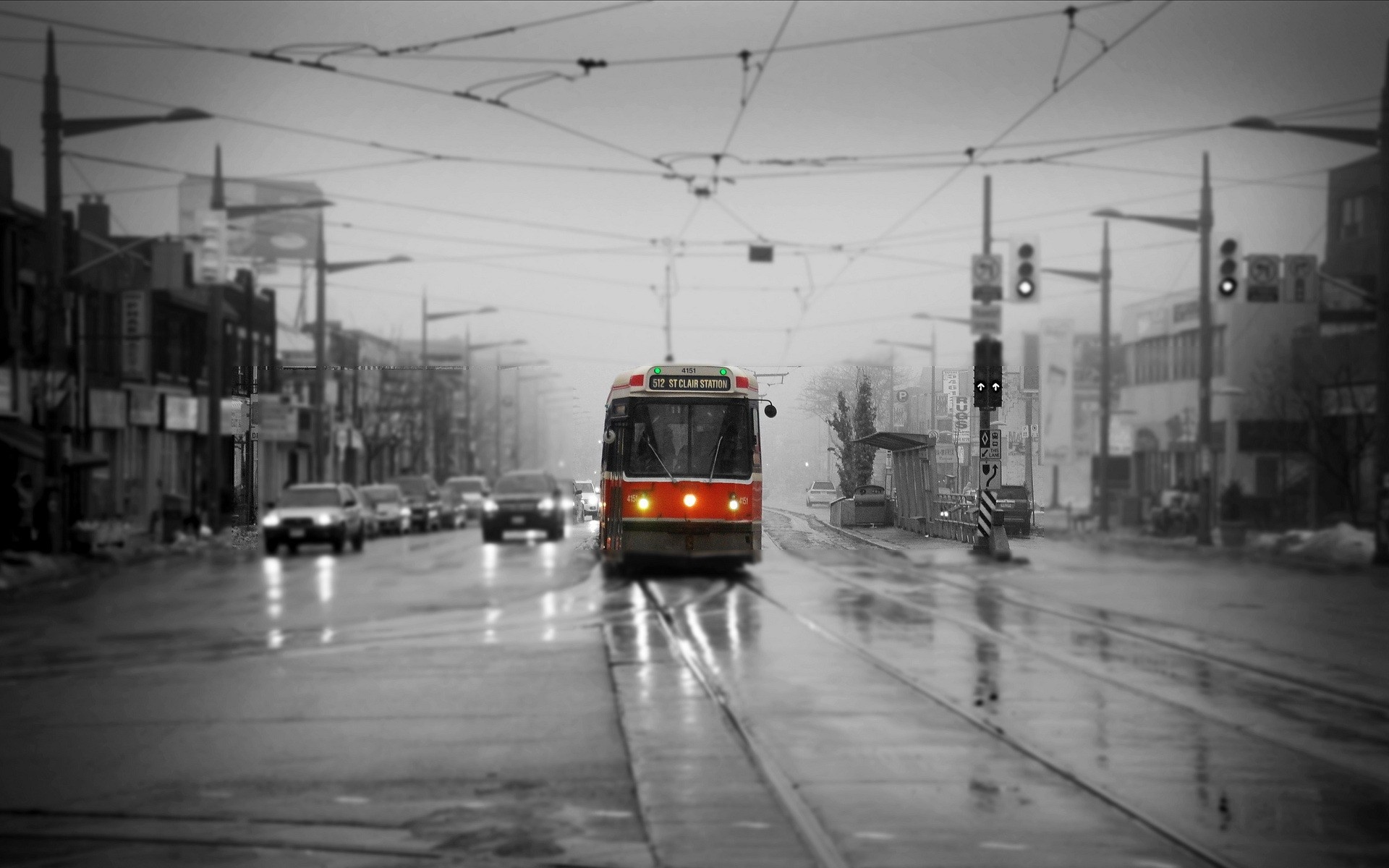 Public transport, Urban vehicle, Selective coloring, Toronto tram, 1920x1200 HD Desktop