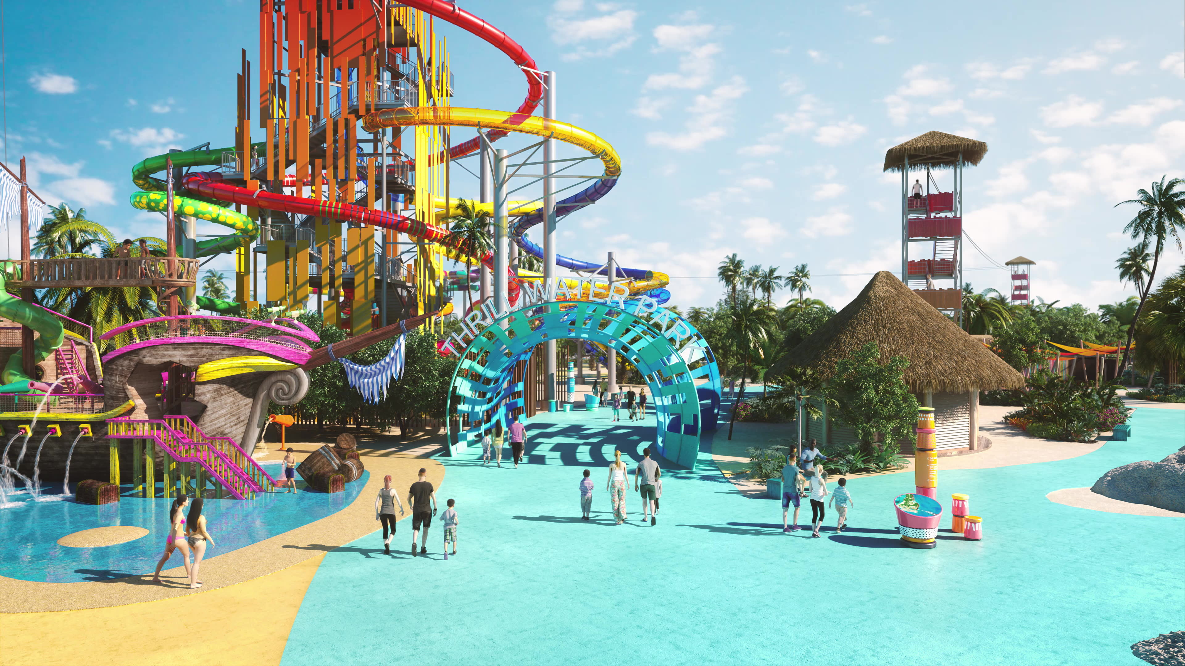 Waterpark: A funfair, featuring swimming pools, slides, fountains, or other attractions. 3840x2160 4K Background.