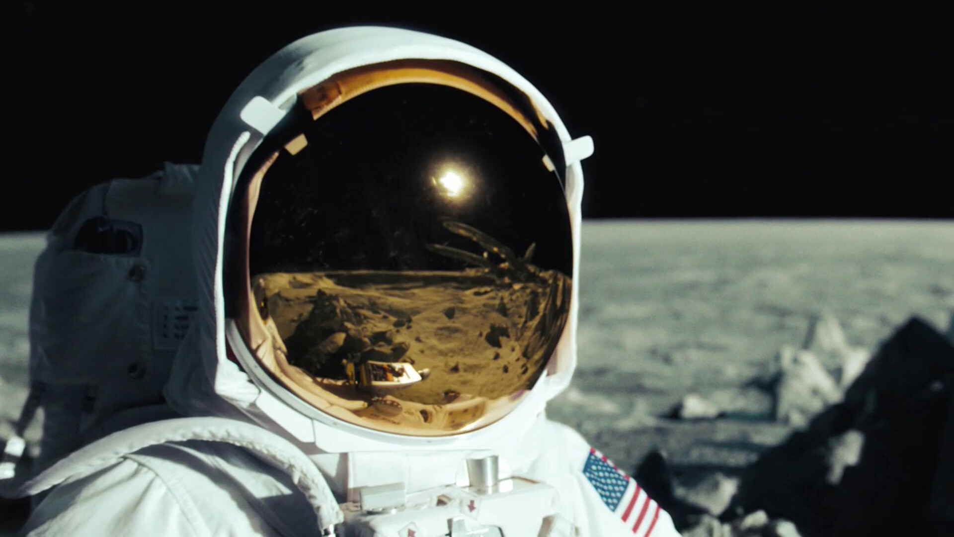 Man on the Moon: Space helmet, Five subsequent Apollo missions landed astronauts on the Earth's satellite. 1920x1080 Full HD Background.