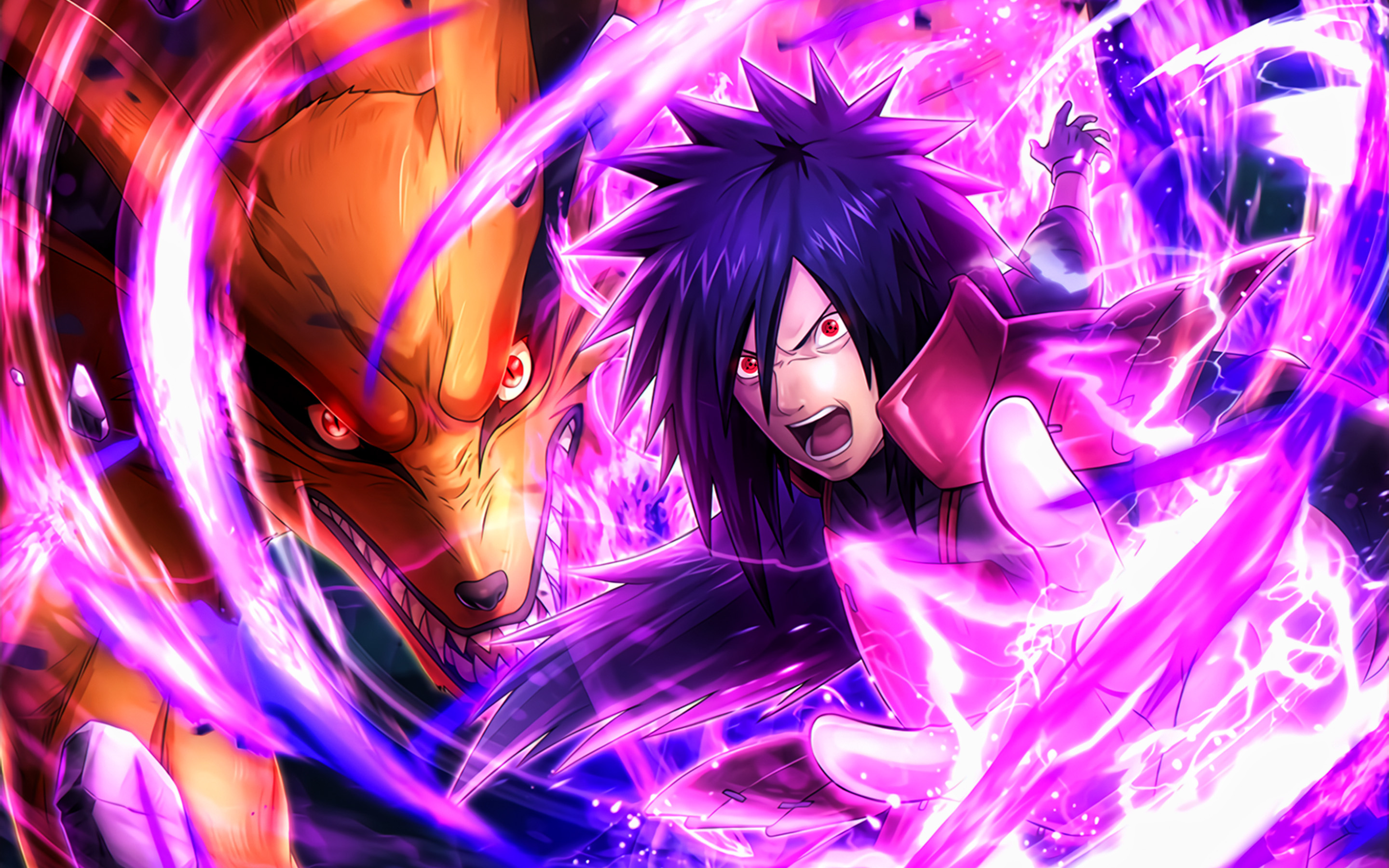 Kurama, Uchiha Madara, Violet Lightings, Naruto Characters, 2880x1800 HD Desktop