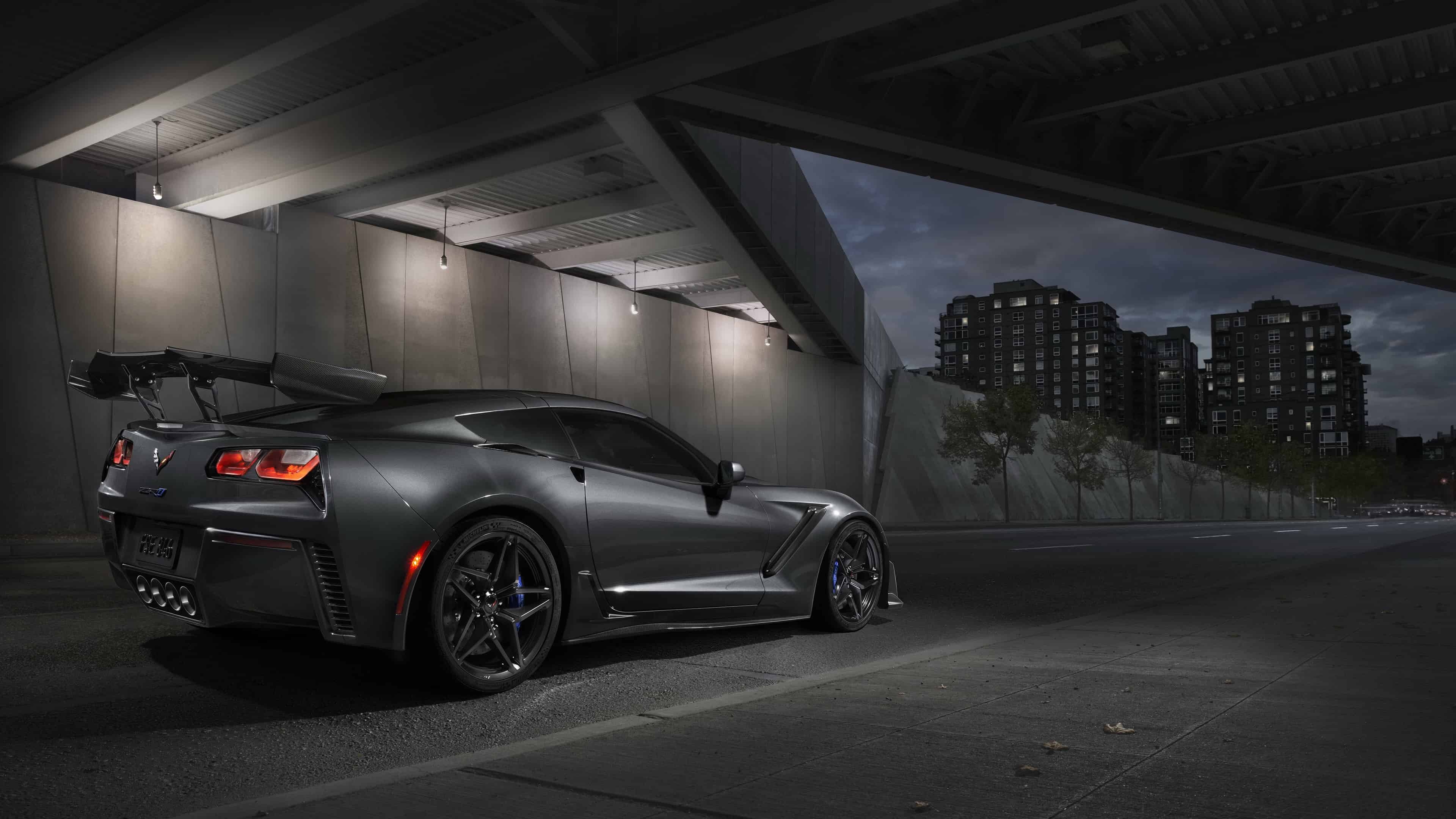 Corvette: Metallic black Chevrolet ZR1 2019, Carbon rear wing, Racing rims, High-speed driving at night. 3840x2160 4K Background.