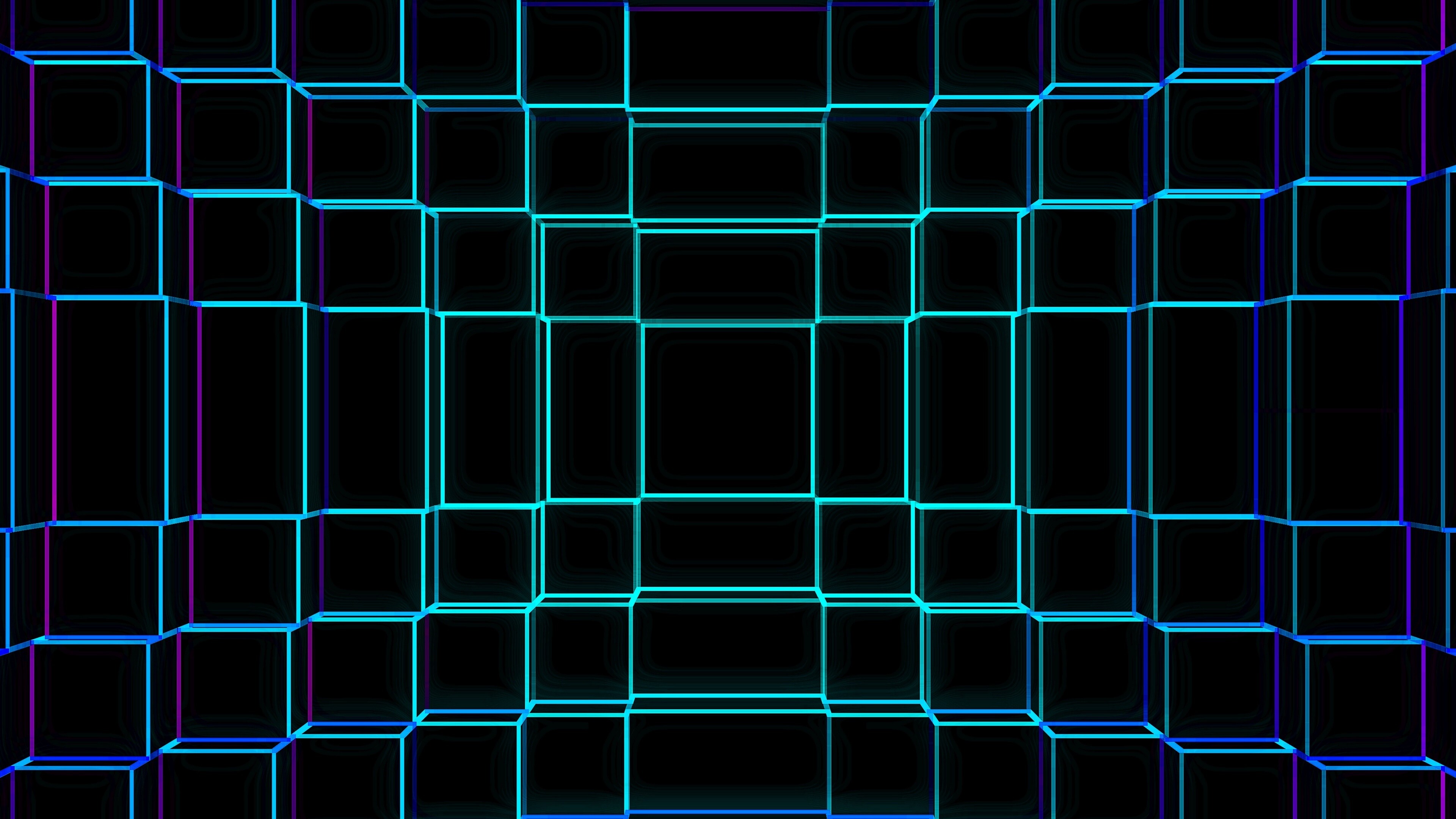 Geometry: Three-dimensional blue neon grid, Rectangles, Squares. 3840x2160 4K Background.