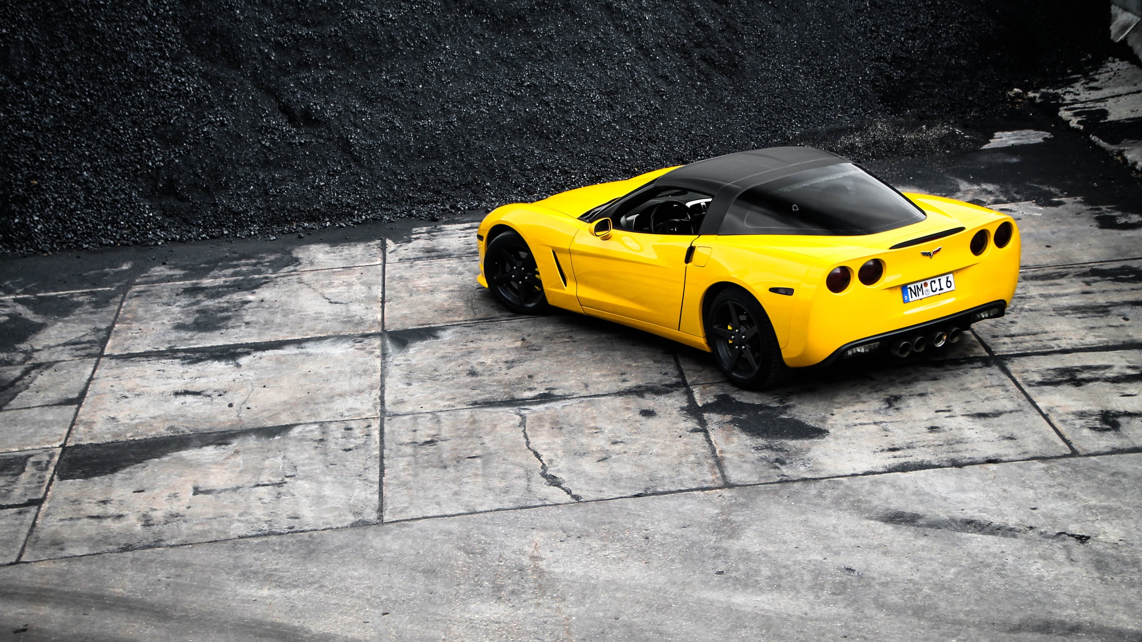 Corvette: C6 ZR1 Chevy sports car, A classic yellow model, Supercharged engine. 3840x2160 4K Background.
