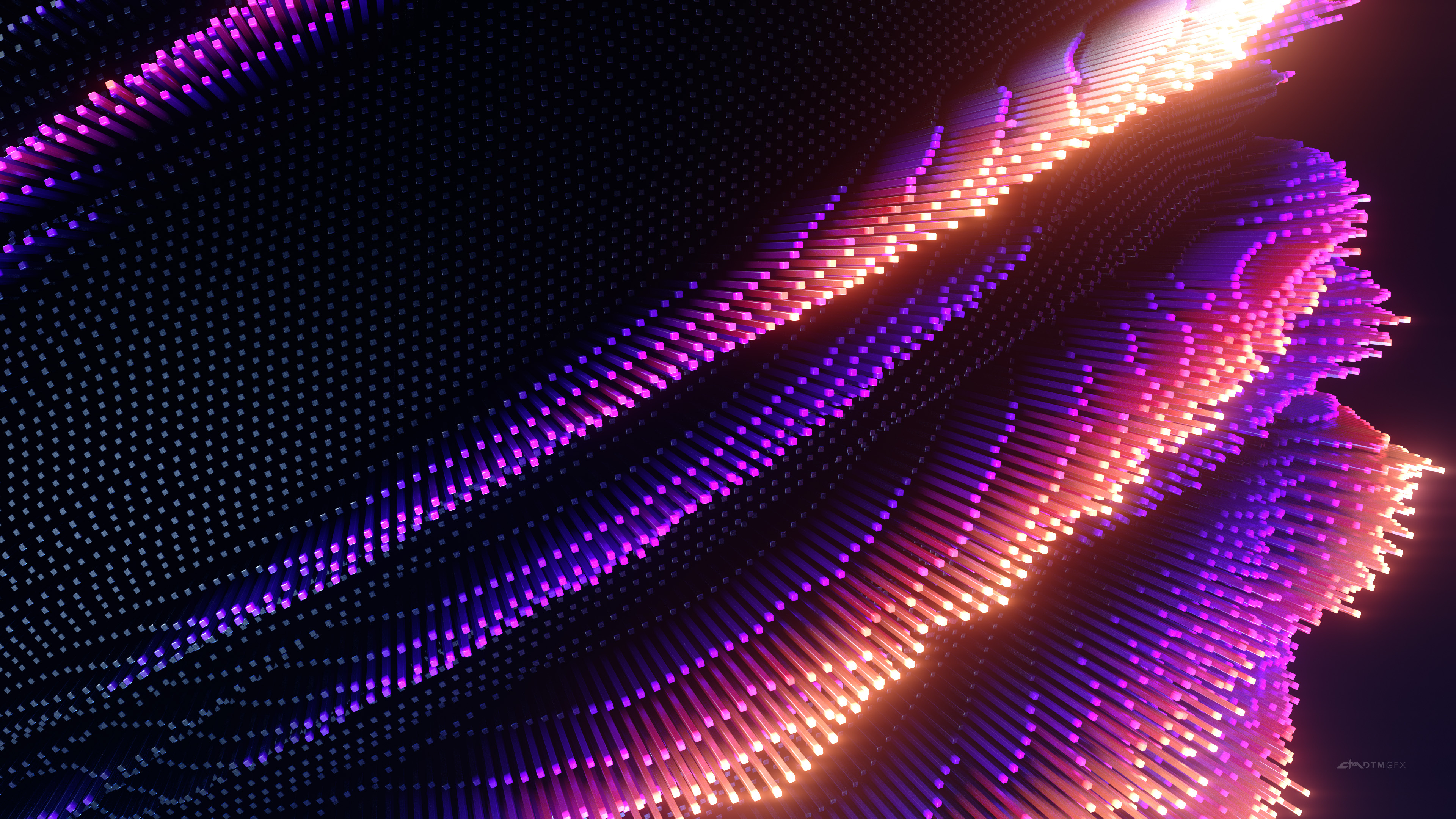 Backdrop: Glowing rays, Colorful, Dark, Abstract, Three-dimensional space, Squares. 3840x2160 4K Background.