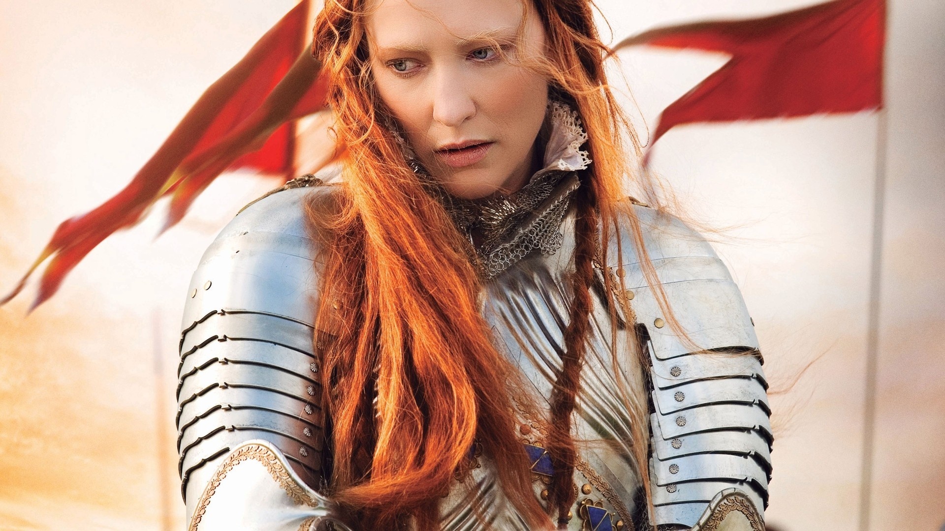 Elizabeth Cate Blanchett, redhead, flag armor, resolution id42006, 1920x1080 Full HD Desktop
