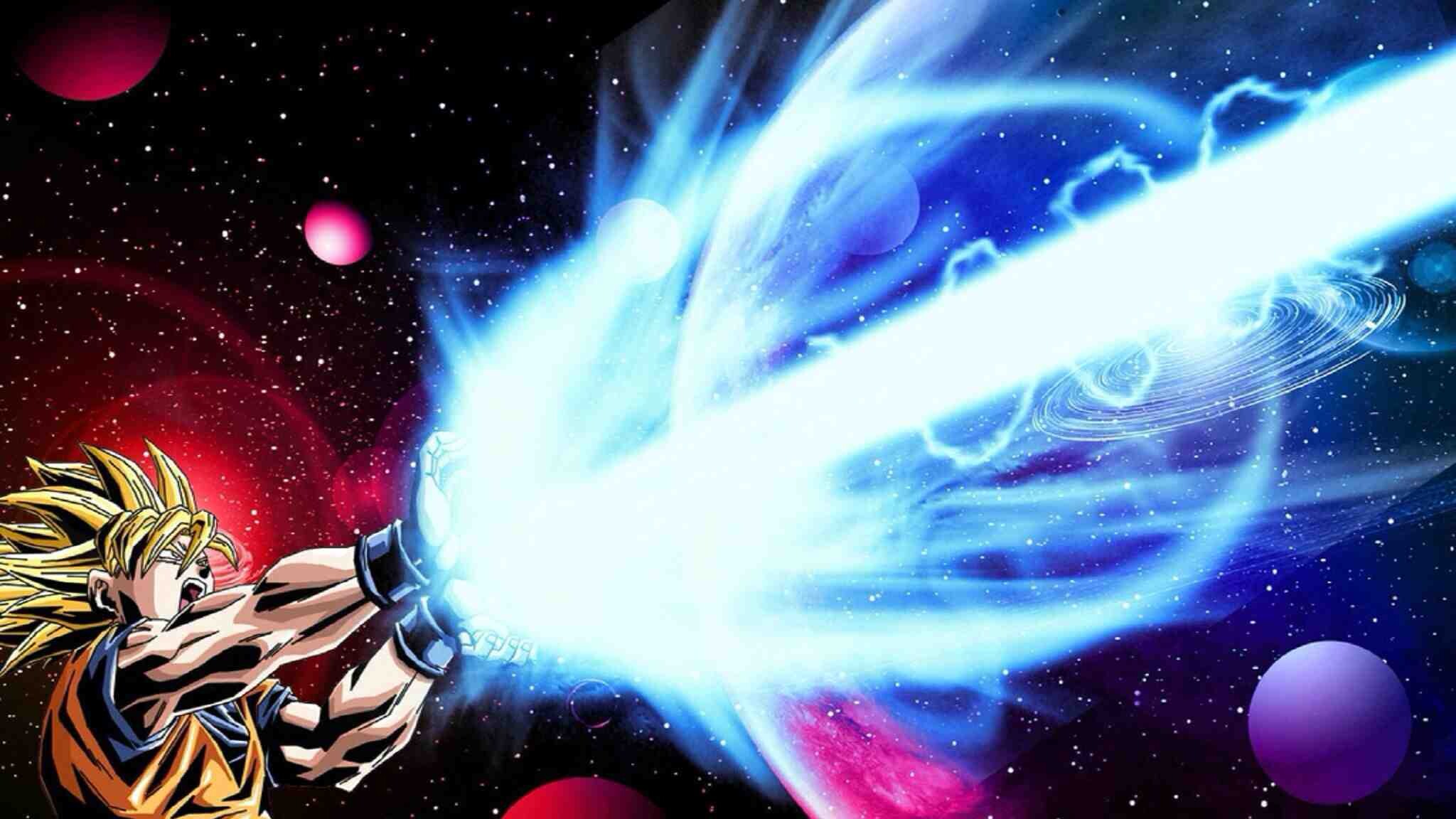 Goku Kamehameha: Super Saiyan, Martial artist's supernatural strength, Energy attack, Dragon Ball manga series. 2050x1160 HD Background.
