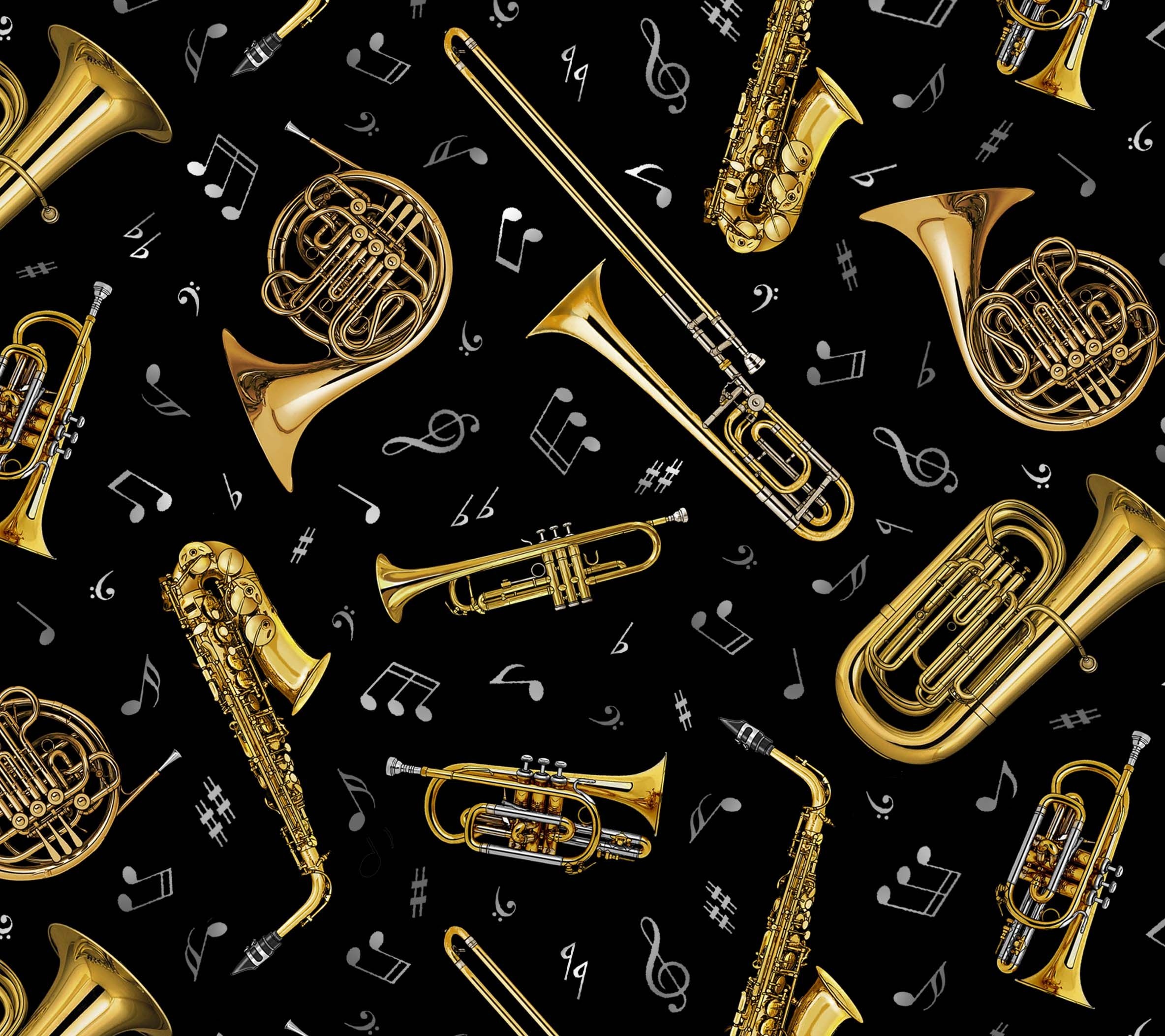 Mellophone: Variety Of Wind Musical Instruments, French Horn, Euphonium, Flugelhorn, Trumpet. 2370x2110 HD Background.