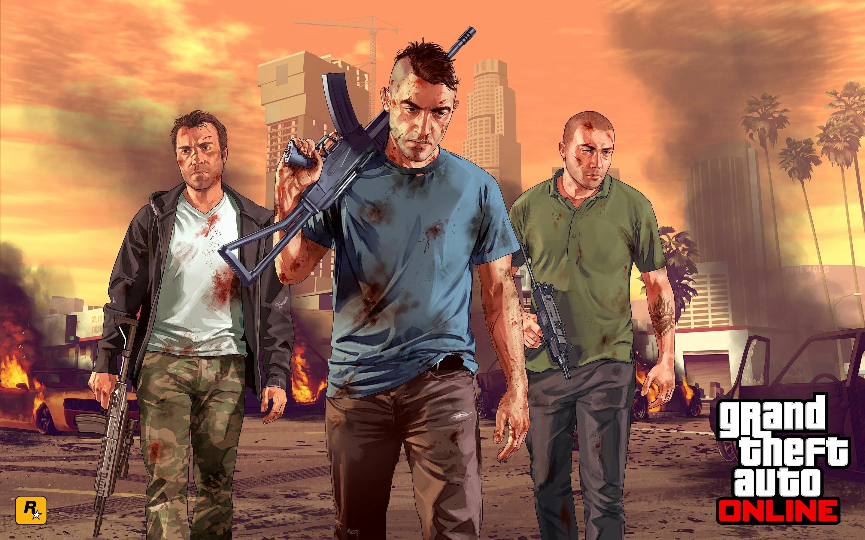 Grand Theft Auto 5: The single-player story follows three protagonists—Michael De Santa, Franklin Clinton, Trevor Philips. 2880x1800 HD Background.