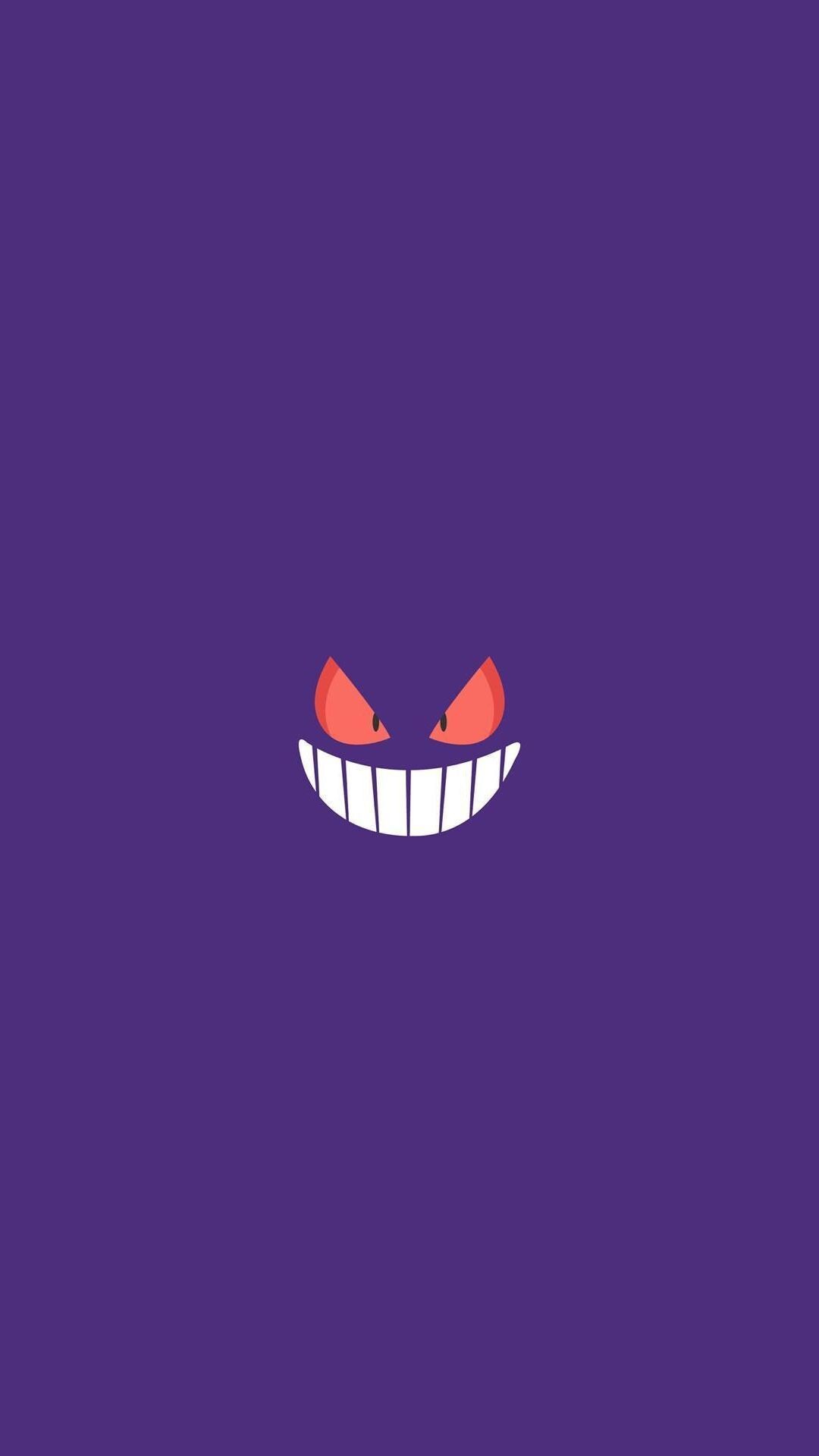 Gengar: Minimalistic, Shadow-like, Round-bodied Pokemon with two large red eyes. 1080x1920 Full HD Background.