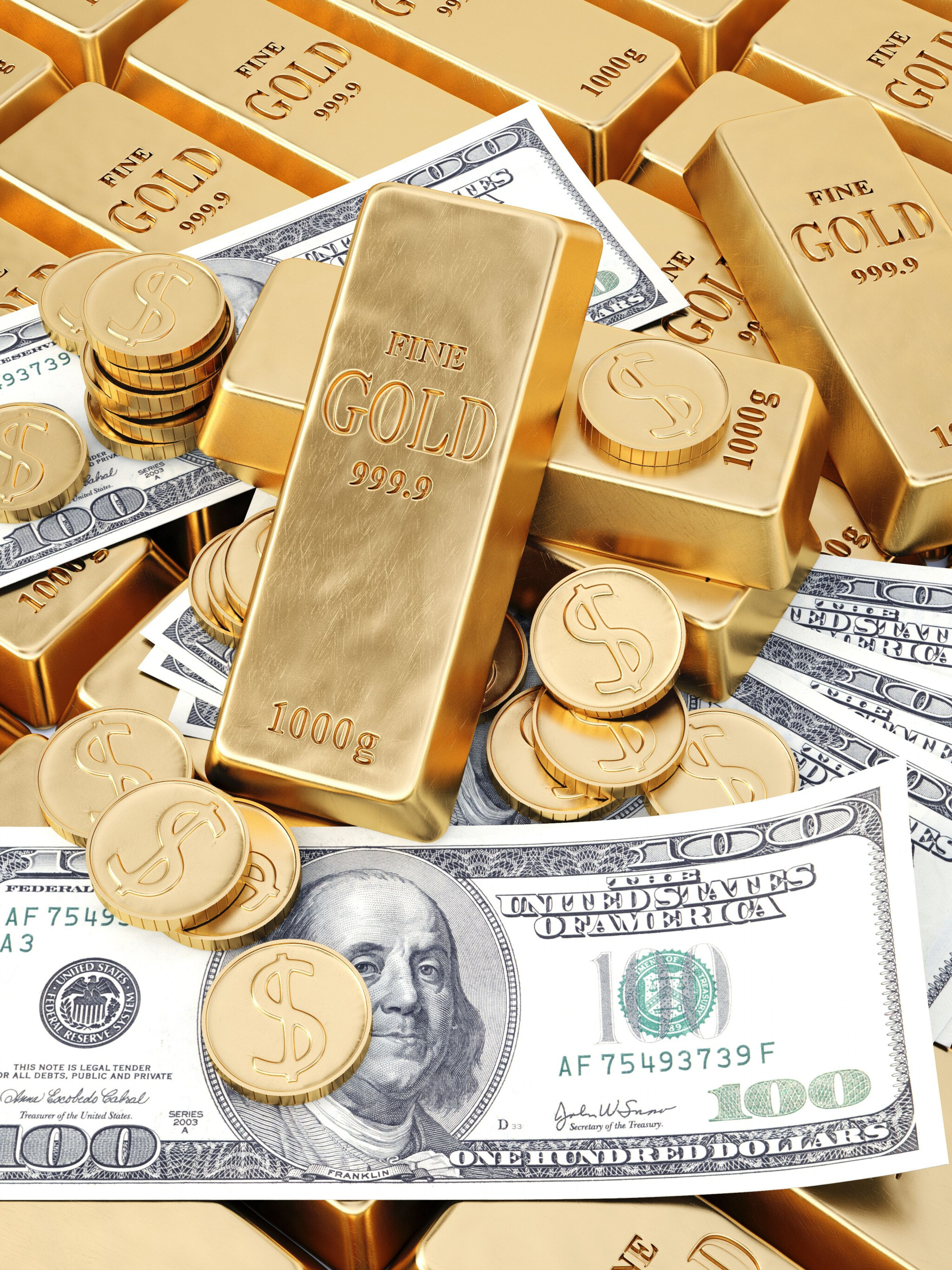 Gold Coins: United States one-hundred-dollar bill, 1 kg gold bullion bar, Currency, Paper money. 2050x2740 HD Wallpaper.
