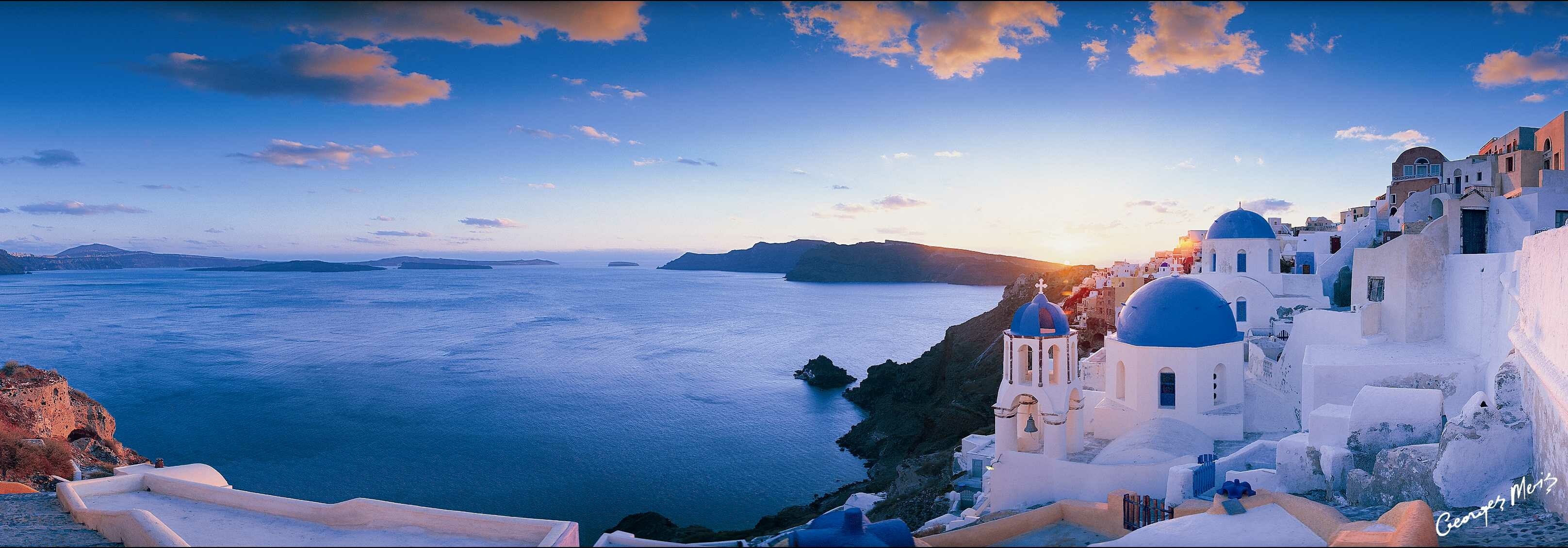 Blue Domes of Oia, Santorini, Greek paradise, Postcard-worthy scenery, 3240x1130 Dual Screen Desktop