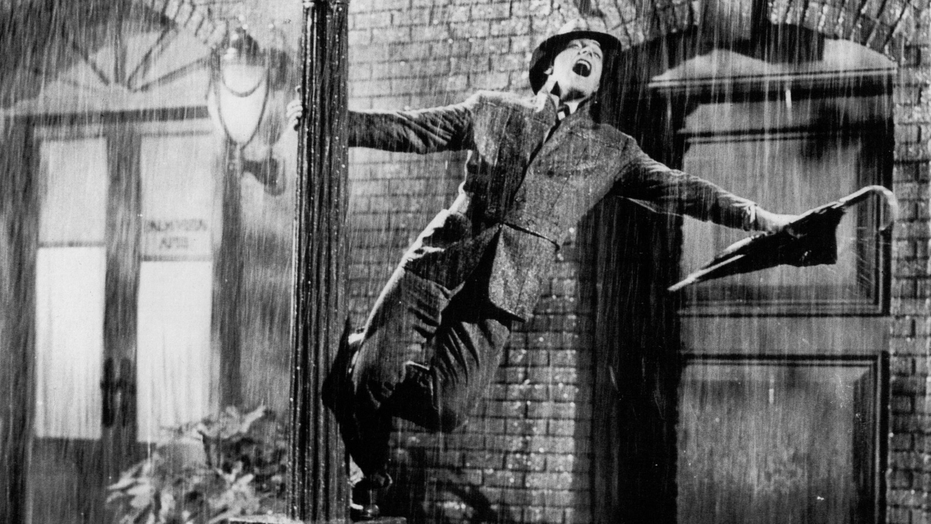 Rainy movies, Grayscale umbrellas, Singing in the Rain, Gene Kelly, 1920x1080 Full HD Desktop