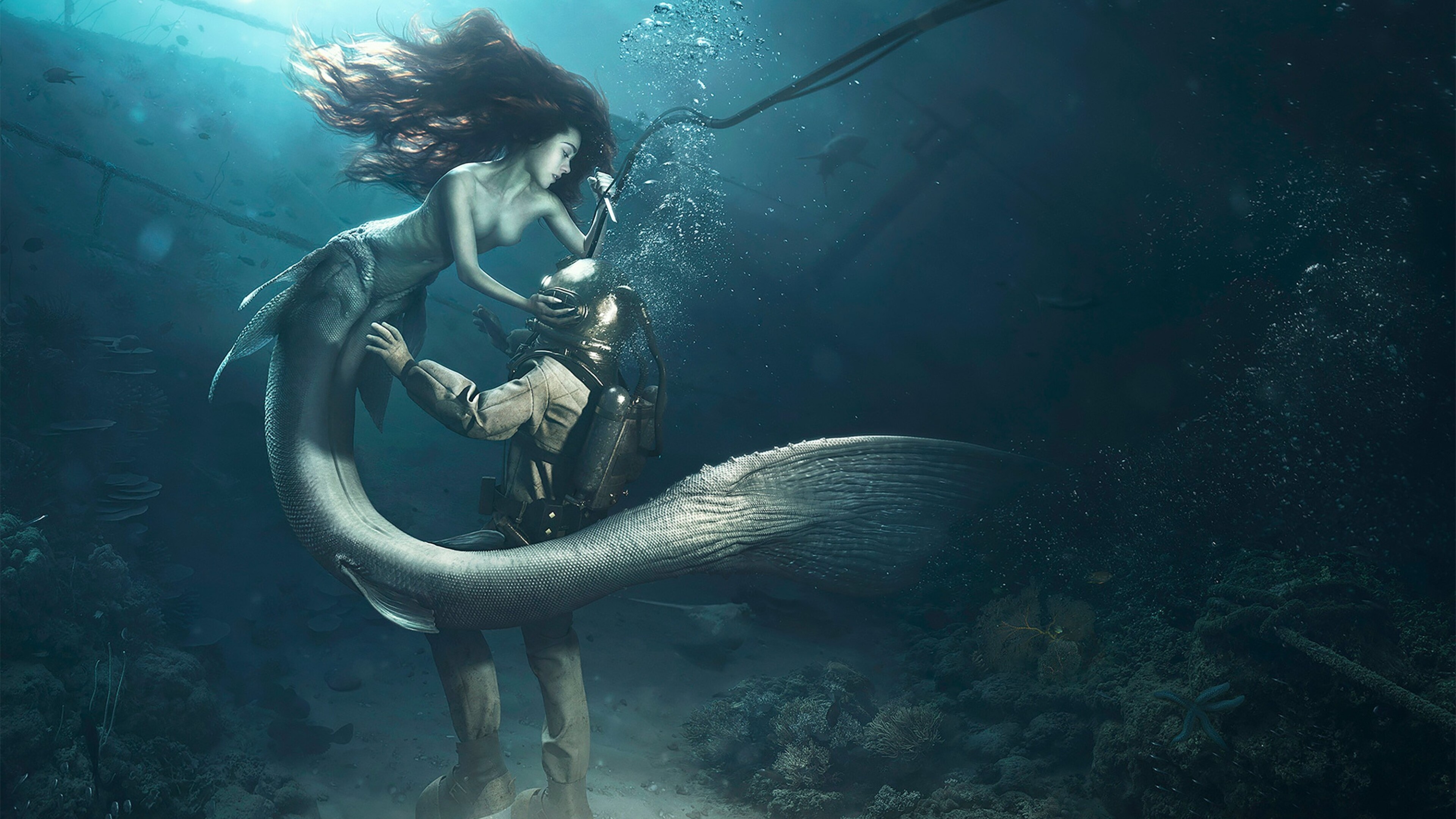 Diver and mermaid, 4K HD wallpapers, Breathtaking imagery, Captured moments, 3840x2160 4K Desktop