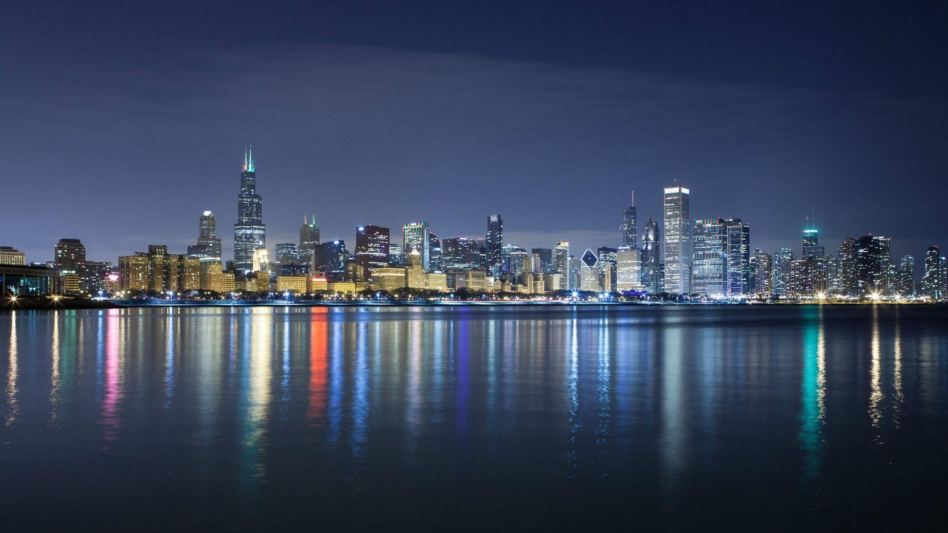 Skyline: The night cityscape of Chicago, A view from Lake Michigan, The state of Illinois. 1920x1080 Full HD Wallpaper.