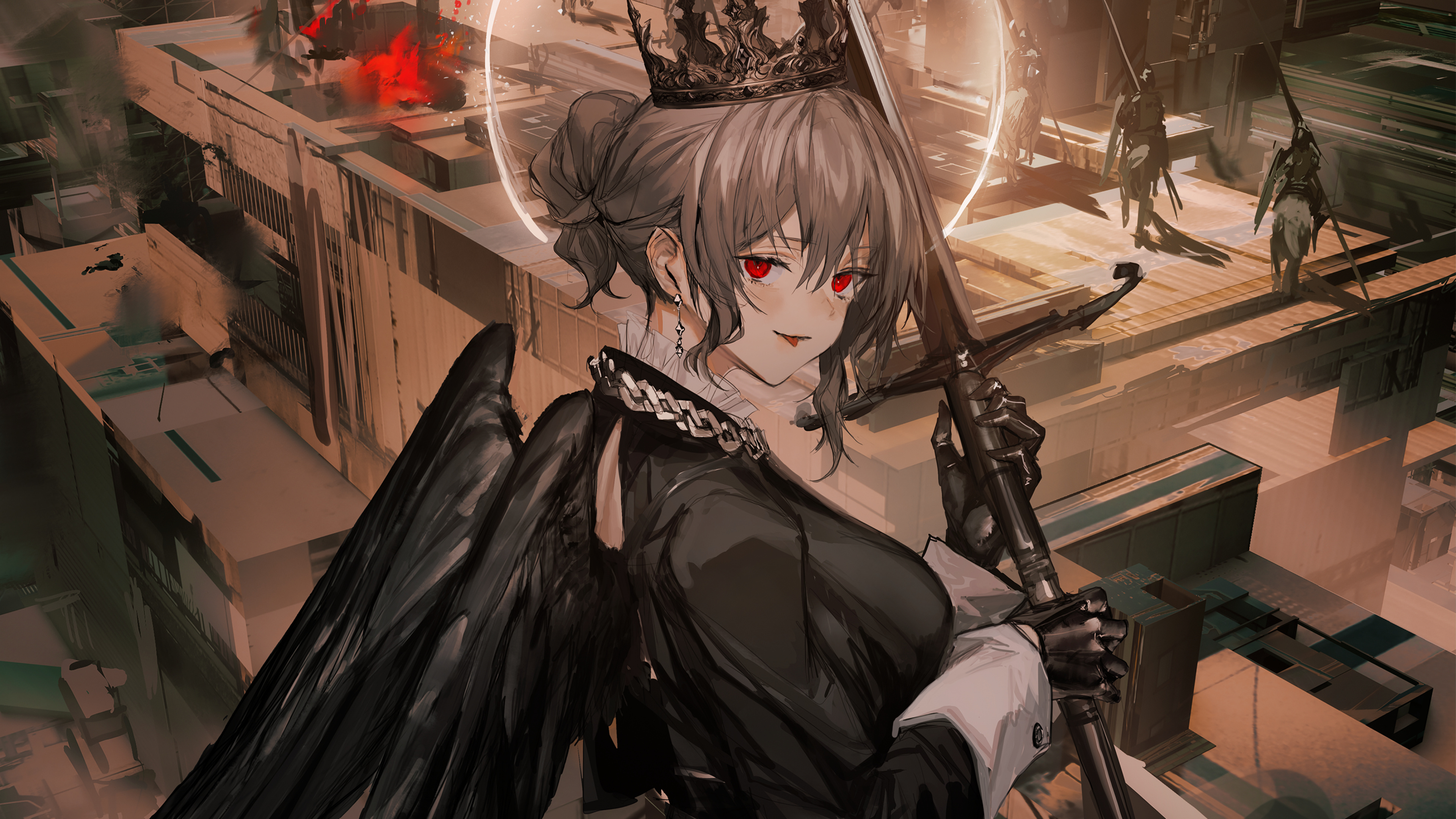 Gothic Anime: Fallen angel, Anime girl, Red eyes, Dark evil smiling, Black wings, Death riders. 3840x2160 4K Wallpaper.