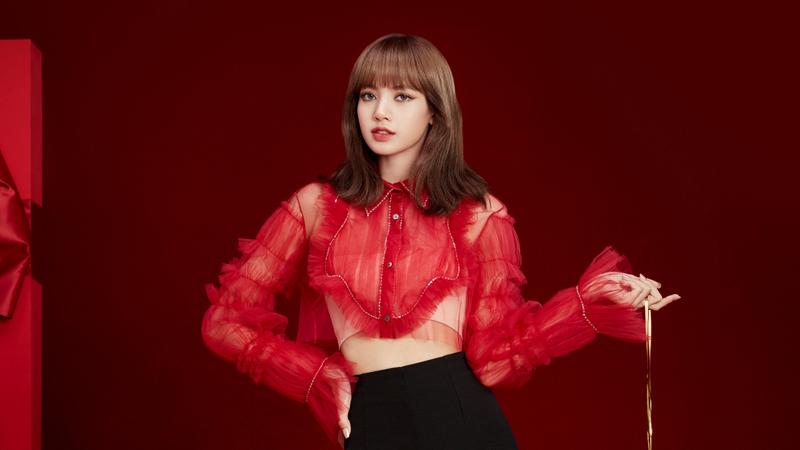 Lisa (Blackpink) music, 4k wallpaper, k-pop singer, red background, 2560x1440 HD Desktop