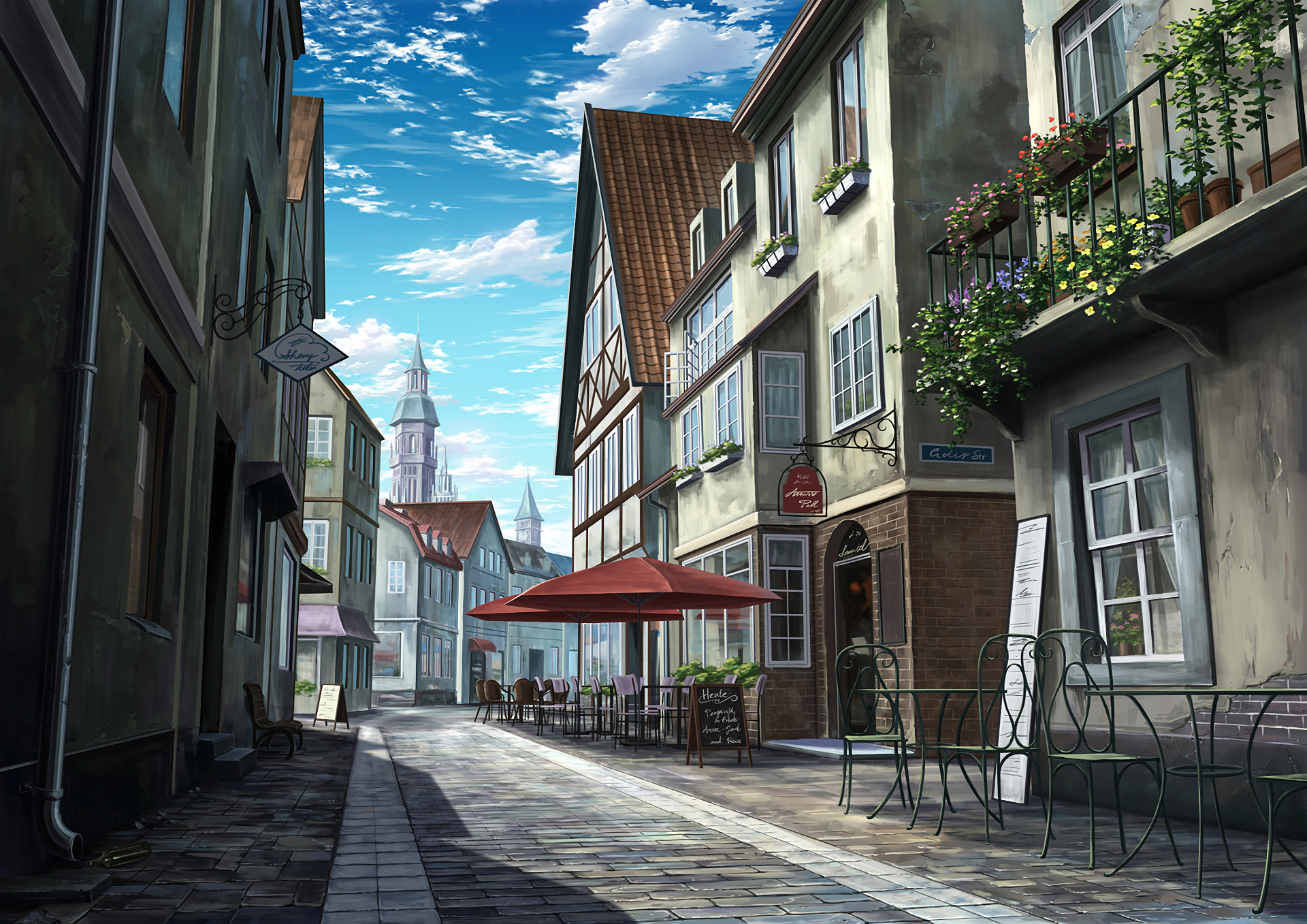 Town: Anime-style fan art of a small European traditional city, Timber-framed houses. 1920x1360 HD Wallpaper.