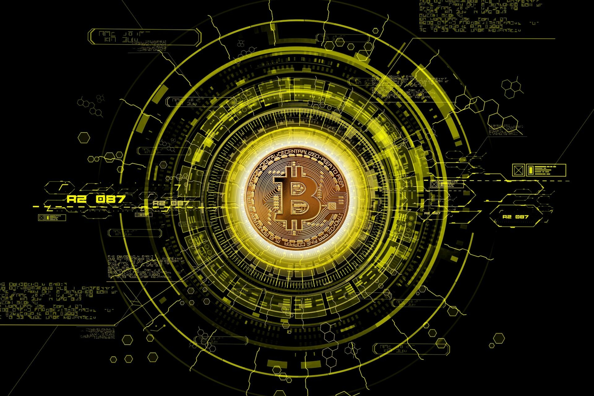 Bitcoin: Blockchain, A digital currency designed to work as a medium of exchange through a computer network. 1920x1280 HD Background.
