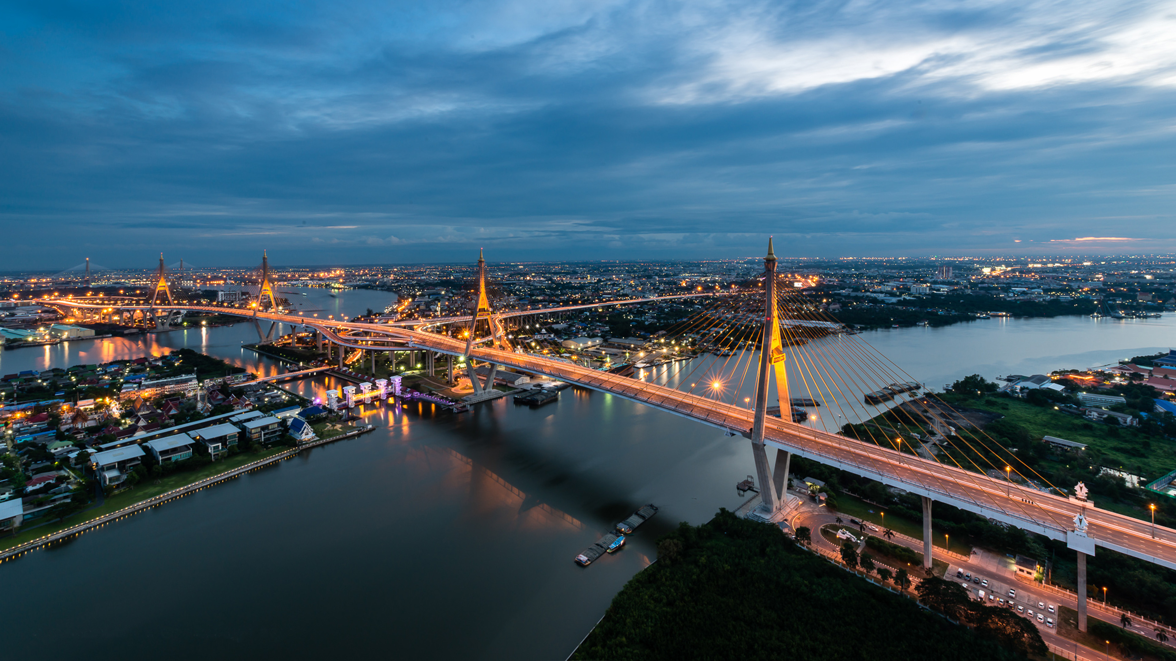 Bangkok: Bhumibol Bridge, Chaphraya River, Thailand. 3840x2160 4K Background.