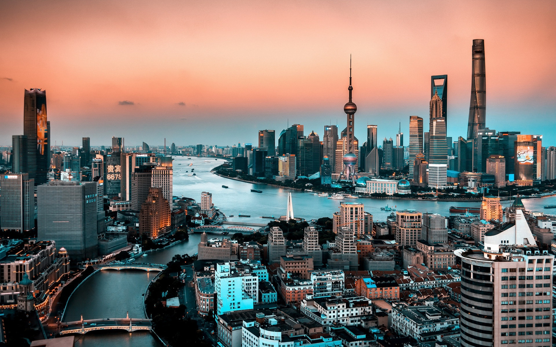 Oriental Pearl Tower, Shanghai, Evening sunset, City panorama, 1920x1200 HD Desktop