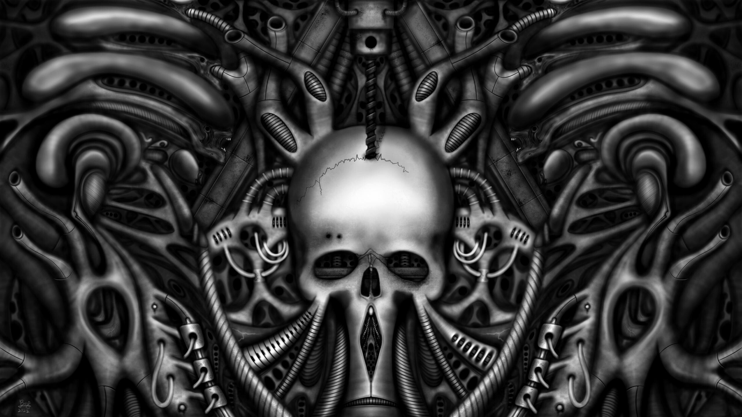 H.R. Giger: Biomech 2, Necro-Gotic Style, Monochromatic. 2560x1440 HD Wallpaper.