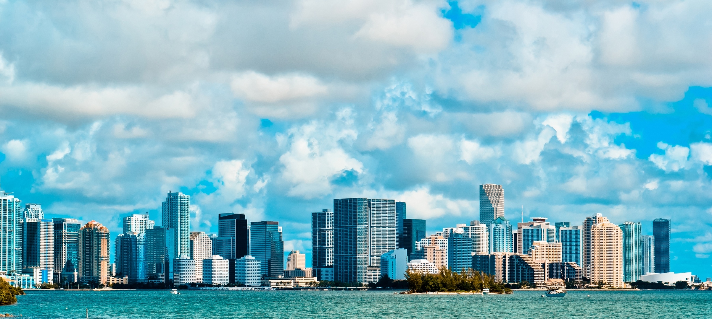 Miami Beach skyline, Cityscape sky clouds, Skyscraper metropolis, Florida, 2410x1080 Dual Screen Desktop