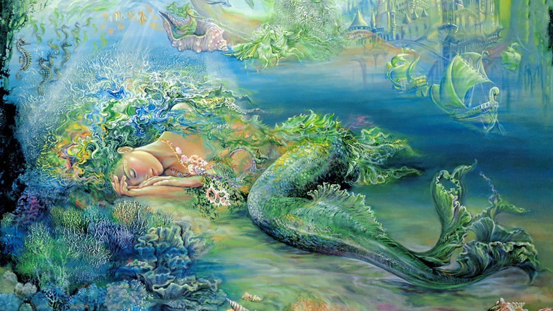 Josephine Wall, Enchanting mermaid, Josephine Wall painting, Mythical scene, 1920x1080 Full HD Desktop