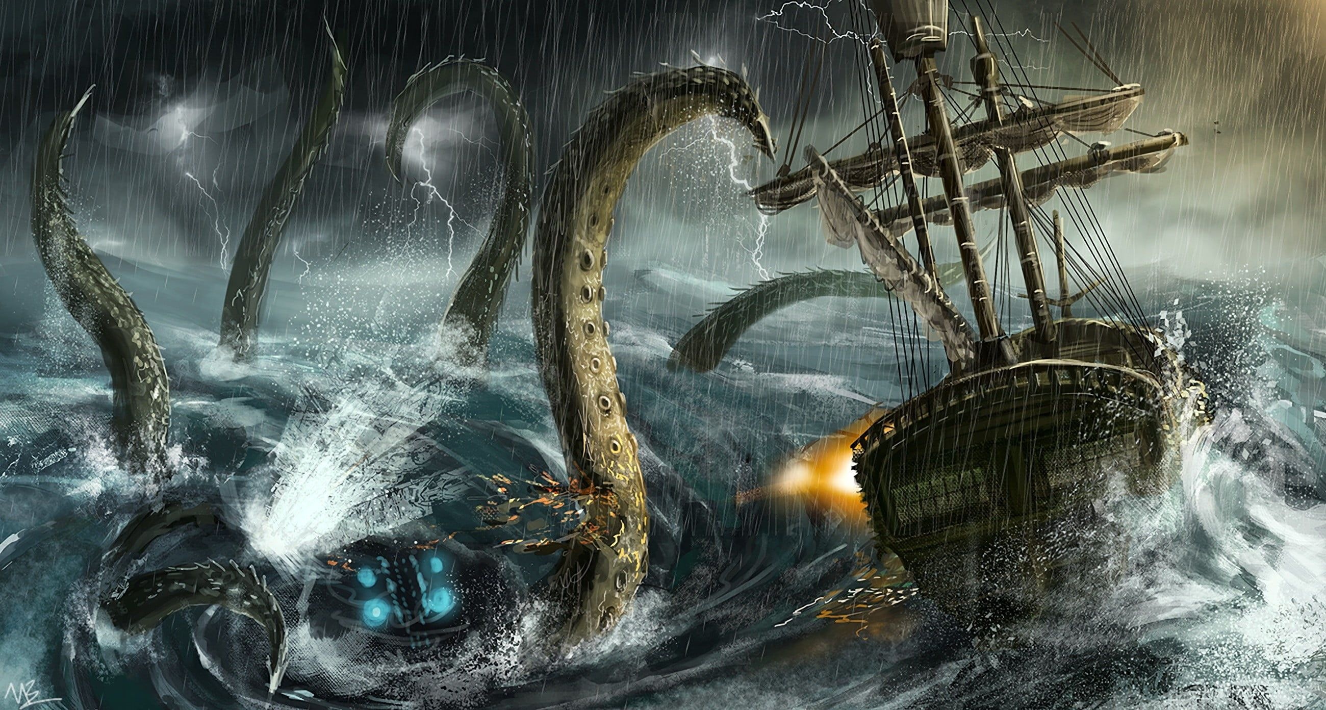 Kraken attacking sailing ship, Fantasy art masterpiece, Action-packed wallpaper, Epic sea battle, 2600x1400 HD Desktop