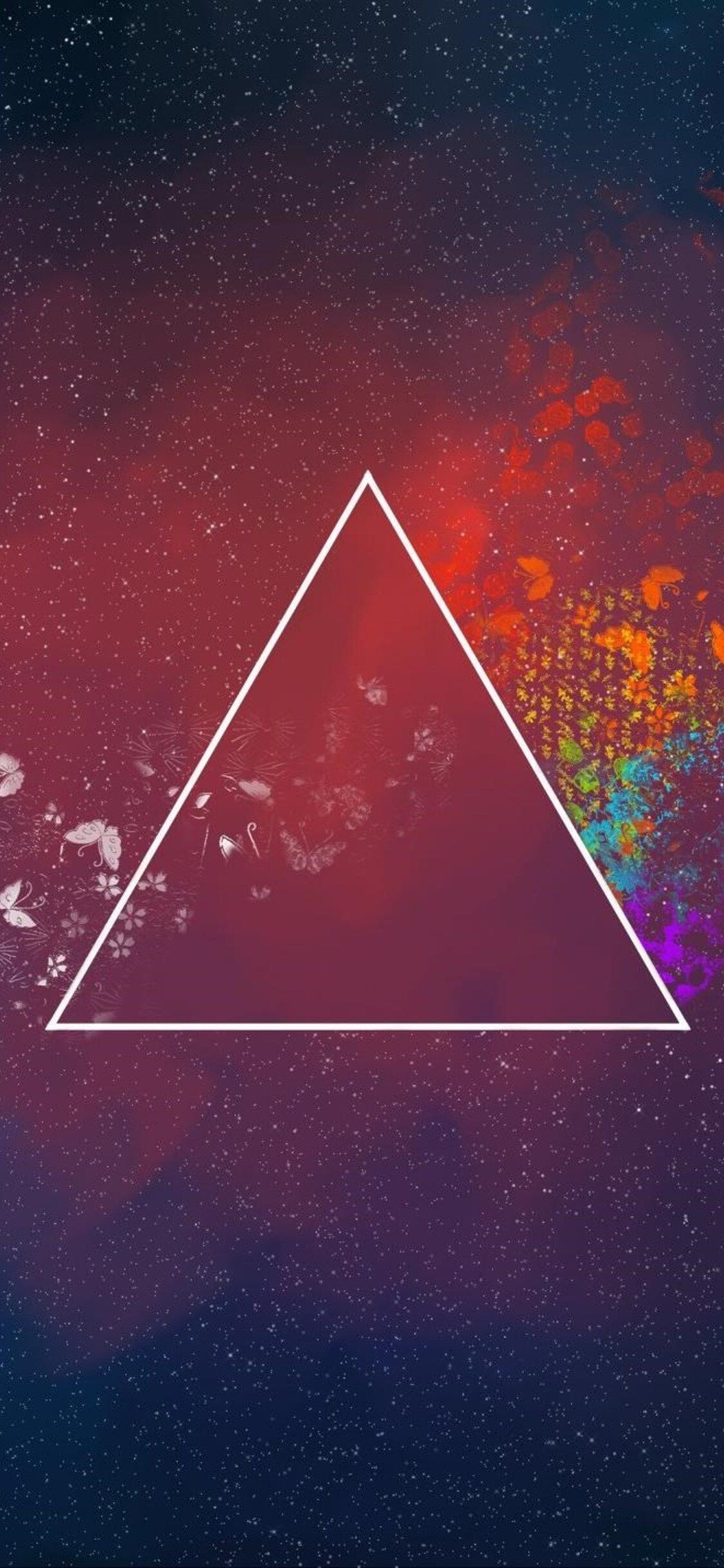 Triangle: Red nebula, Optical prism, Set of three lines, Butterflies. 1130x2440 HD Background.