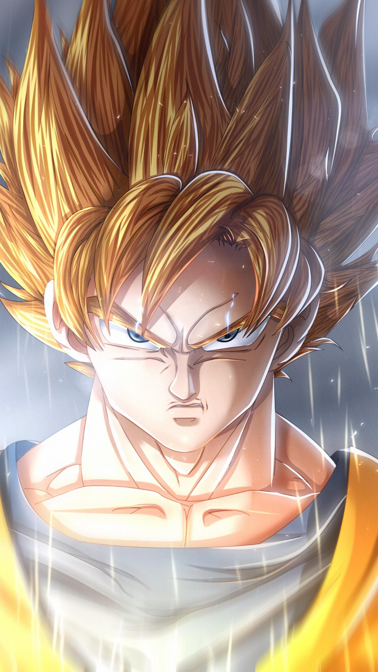 Goku: Super Saiyan transformation, Golden hair, Superhuman strength, Advanced transformation. 1440x2560 HD Wallpaper.