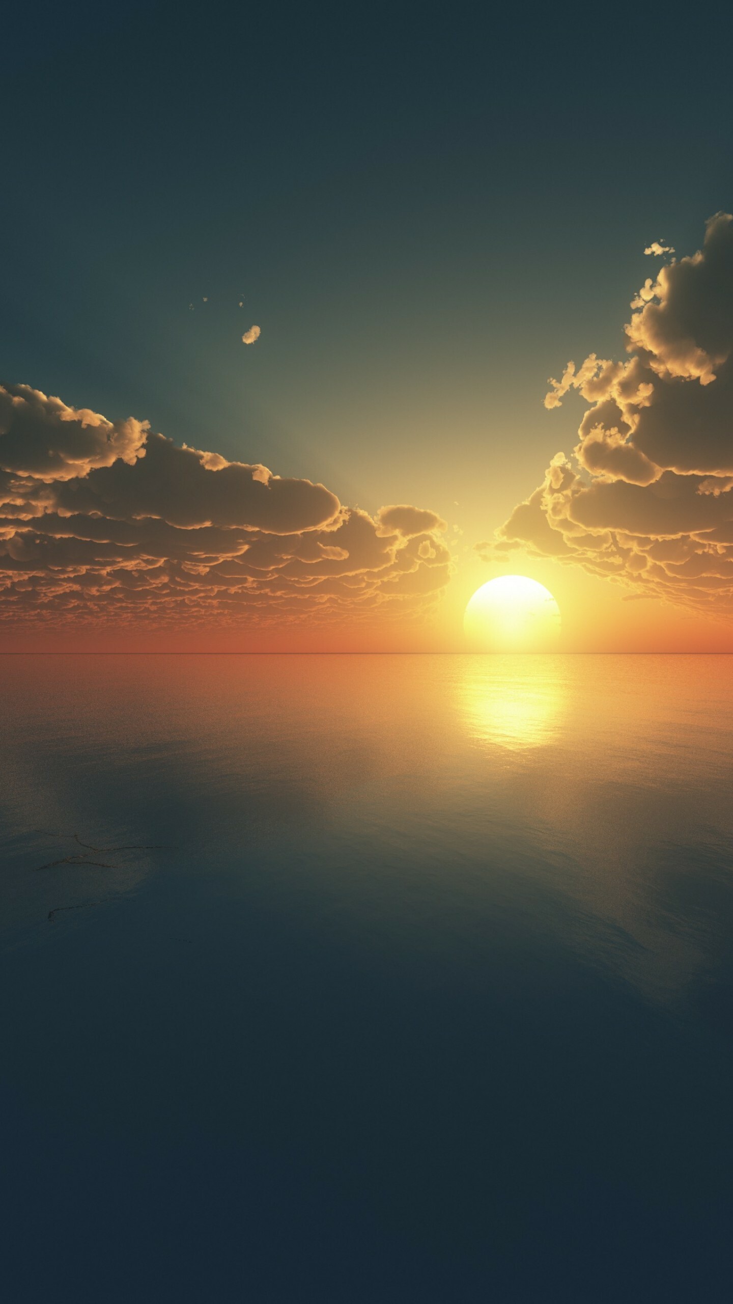 Sunset: The sun disappearing over the horizon, The broad expanse of water reflecting clouds. 1440x2560 HD Background.