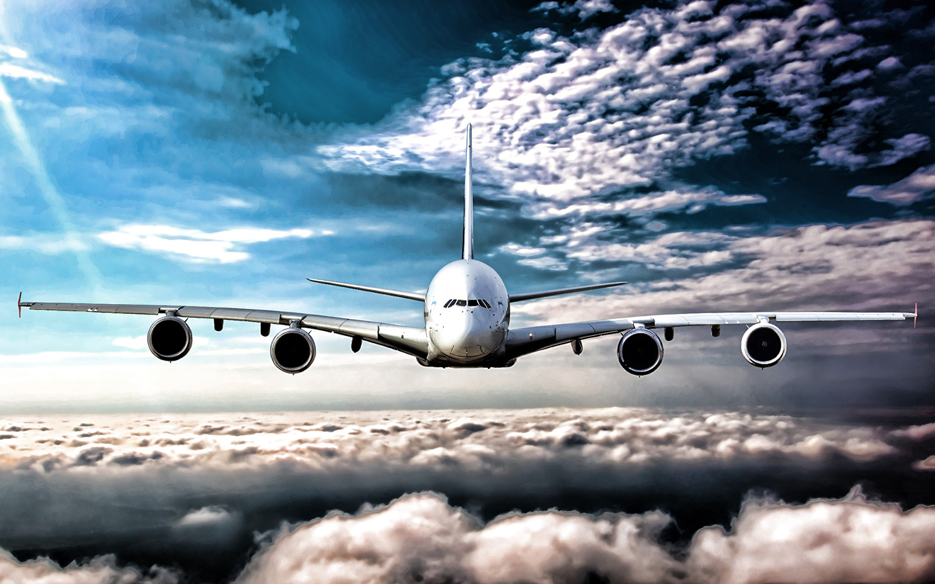 Download wallpapers Flying A380, blue sky, clouds, Airbus A380, airliner, passenger planes, Airbus, A380, HDR for desktop with resolution. High Quality HD pictures wallpapers 1920x1200